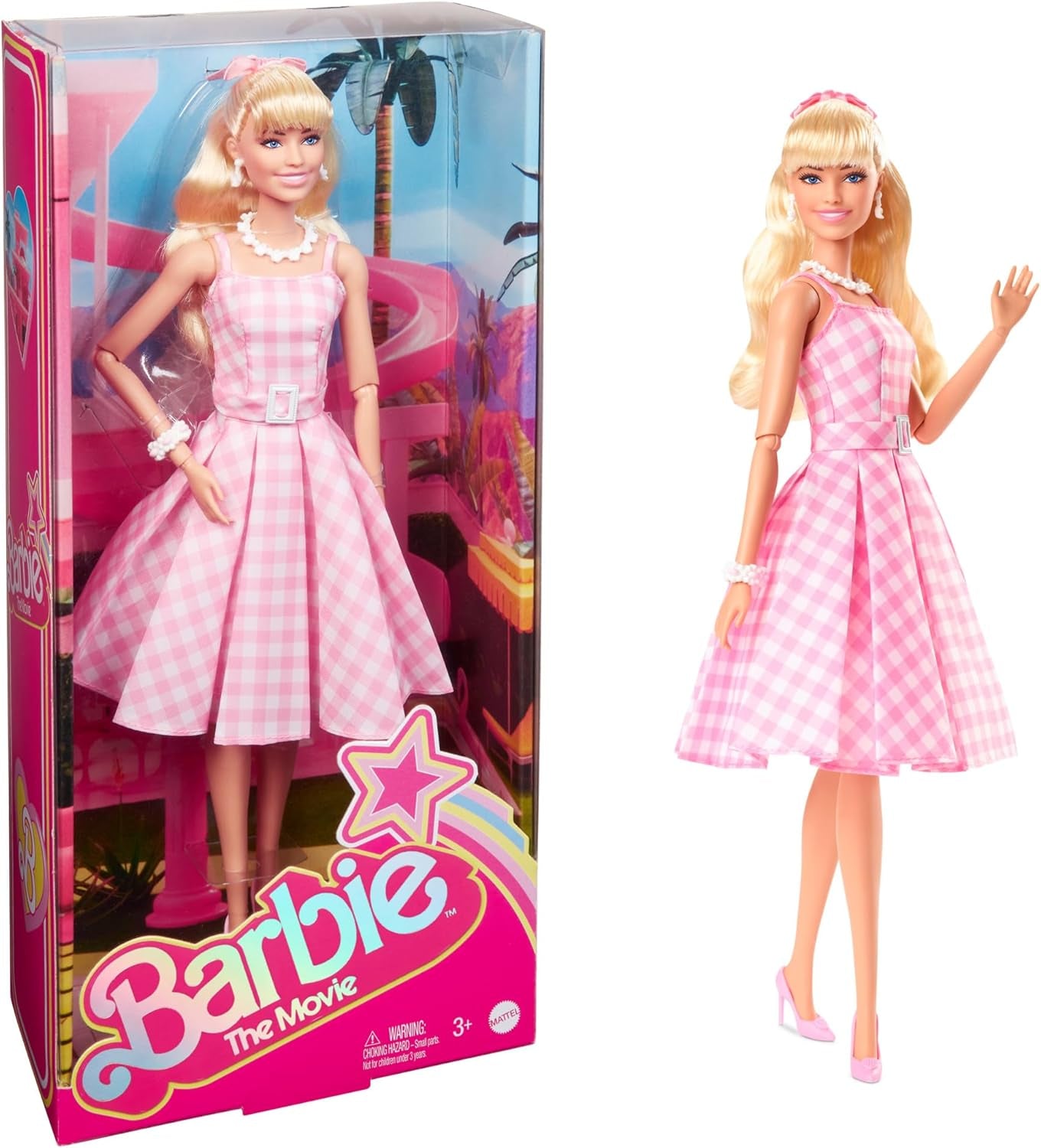 Barbie Doll The Movie Bambola con abito rosa e bianco e collana di margherite Margot Robbie Giocattolo da collezione per 3 anni HPJ96