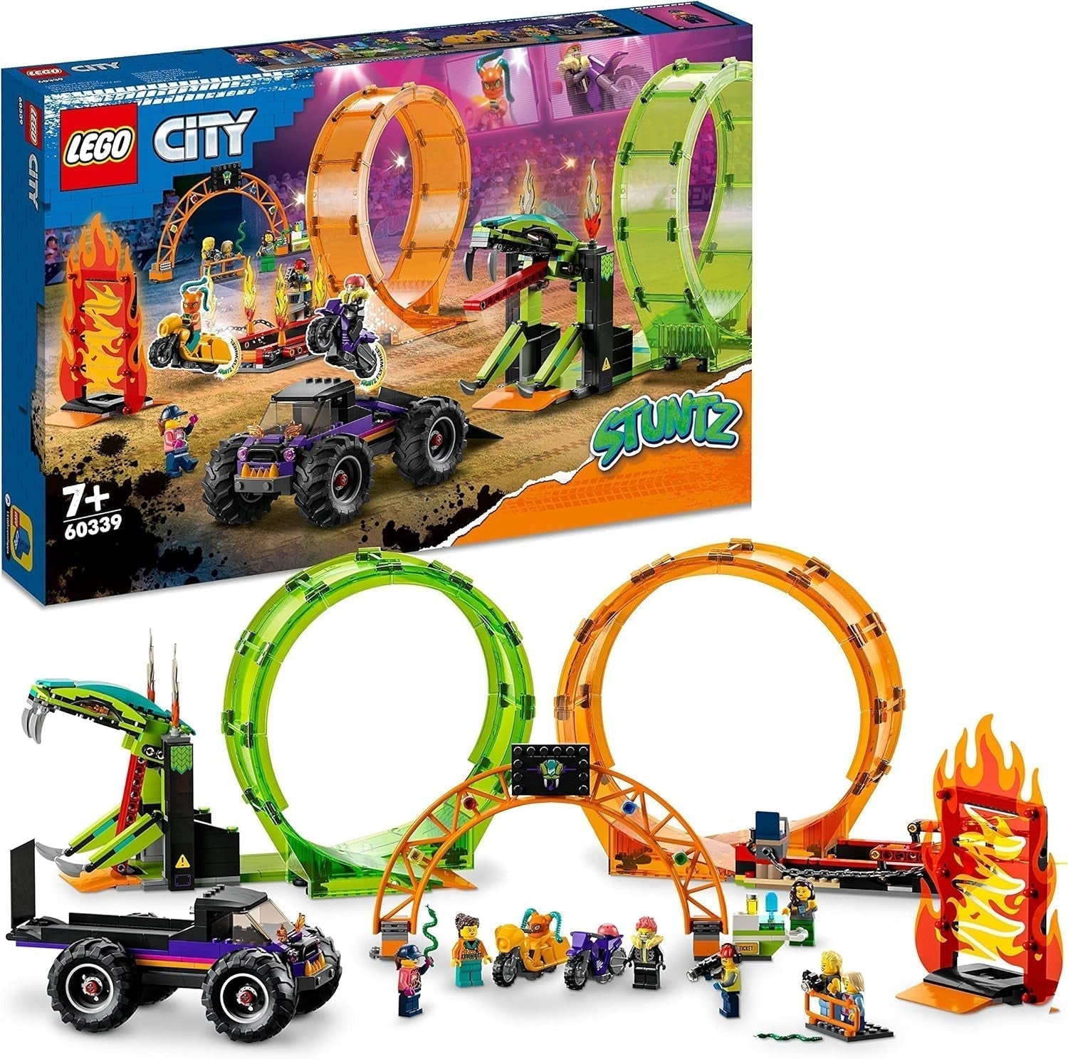 LEGO City Stuntz Spettacolo acrobatico, set a doppio looping, 60339, incl. rampa, monster truck, motocicletta 2X e 7 minifigure, giocattolo per bambini a partire da 7 anni Set da costruzione Besuche den LEGO-Store Single