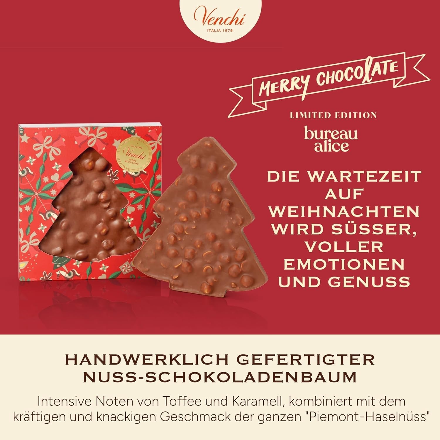 Venchi, Brutto&Buono, Tavoletta di Cioccolato al Latte "Nocciola della Foresta Piemontese" Artigianale a Forma di Abete, 200g, Senza Glutine, Collezione Natalizia in Edizione Limitata, Idea Regalo