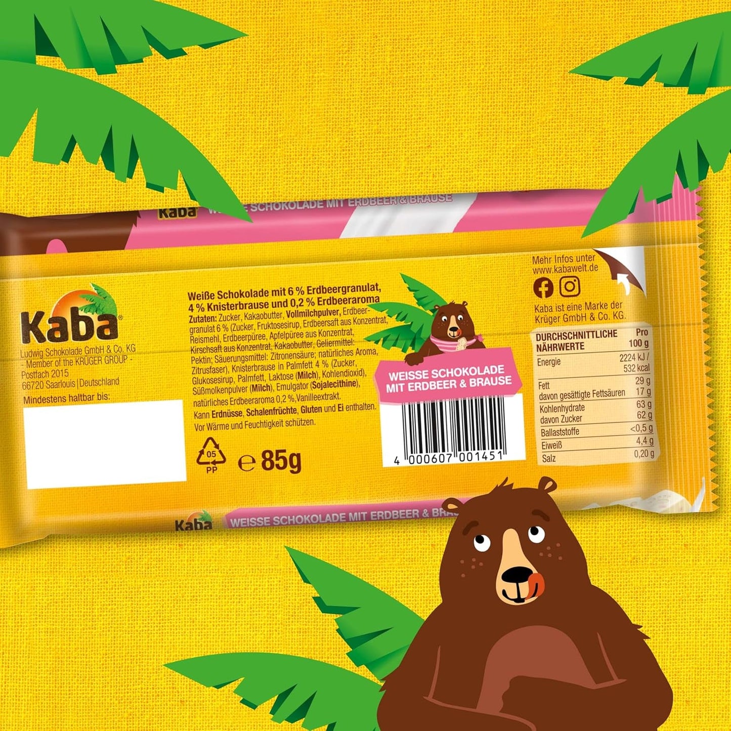 Cioccolato Bianco Kaba al Gusto Fruttato di Fragola e Caramelle Effervescenti, Barretta di Cioccolato, Barretta 85g, Cioccolato Bianco al Gusto Fruttato di Fragola e Caramelle Effervescenti al Gusto Originale Kaba (Confezione da 3)