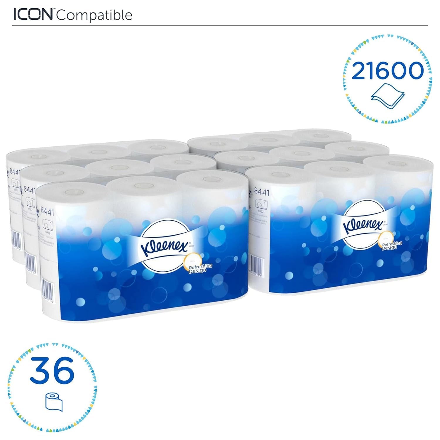 Kleenex Standard Roll 8441 Carta igienica - Carta igienica a 2 veli - 6 confezioni da 6 rotoli x 600 fogli ciascuno, bianco (36 rotoli/21.600 fogli totali)