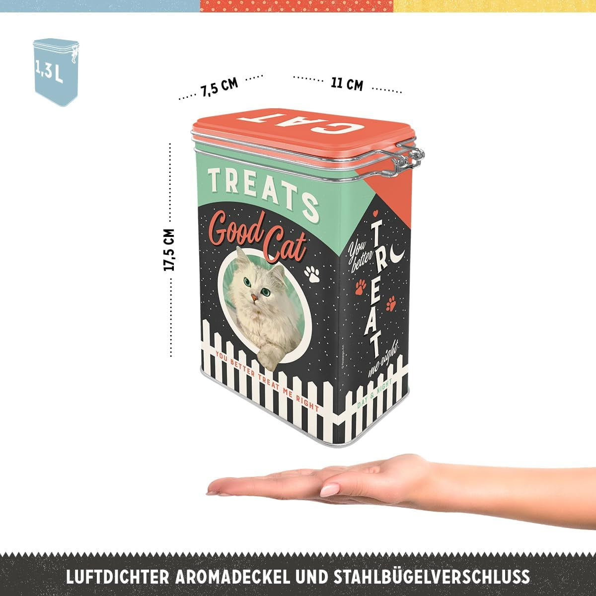 Scatola Nostalgic-Art dal sapore retrò, 1,3 l, Good Cat Treats - idea regalo per proprietari di gatti, in design vintage, in design vintage Scatole per alimenti Naty Shop