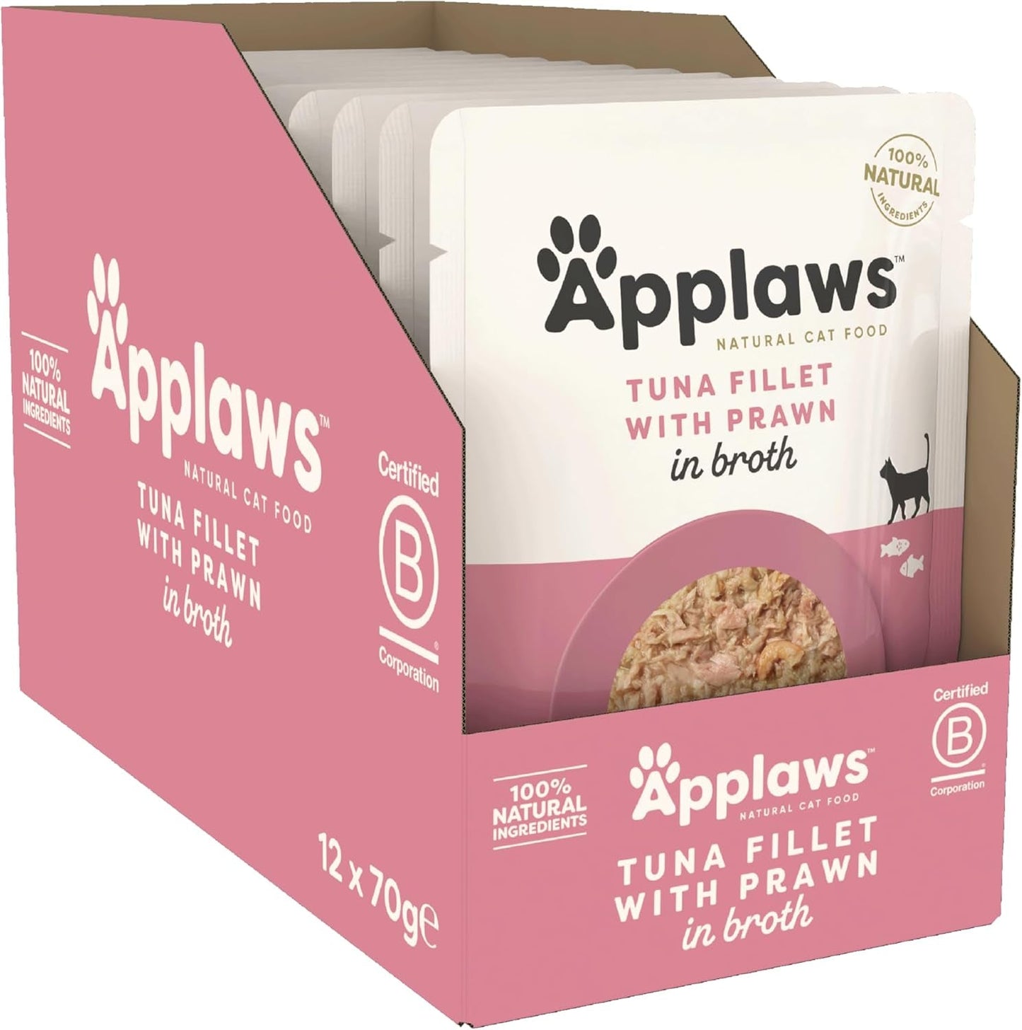 Applaws Premium Natural Umido per gatti, filetti di tonno con gamberetti del Pacifico in zuppa, bustine da 70 g (12 x 70 g)