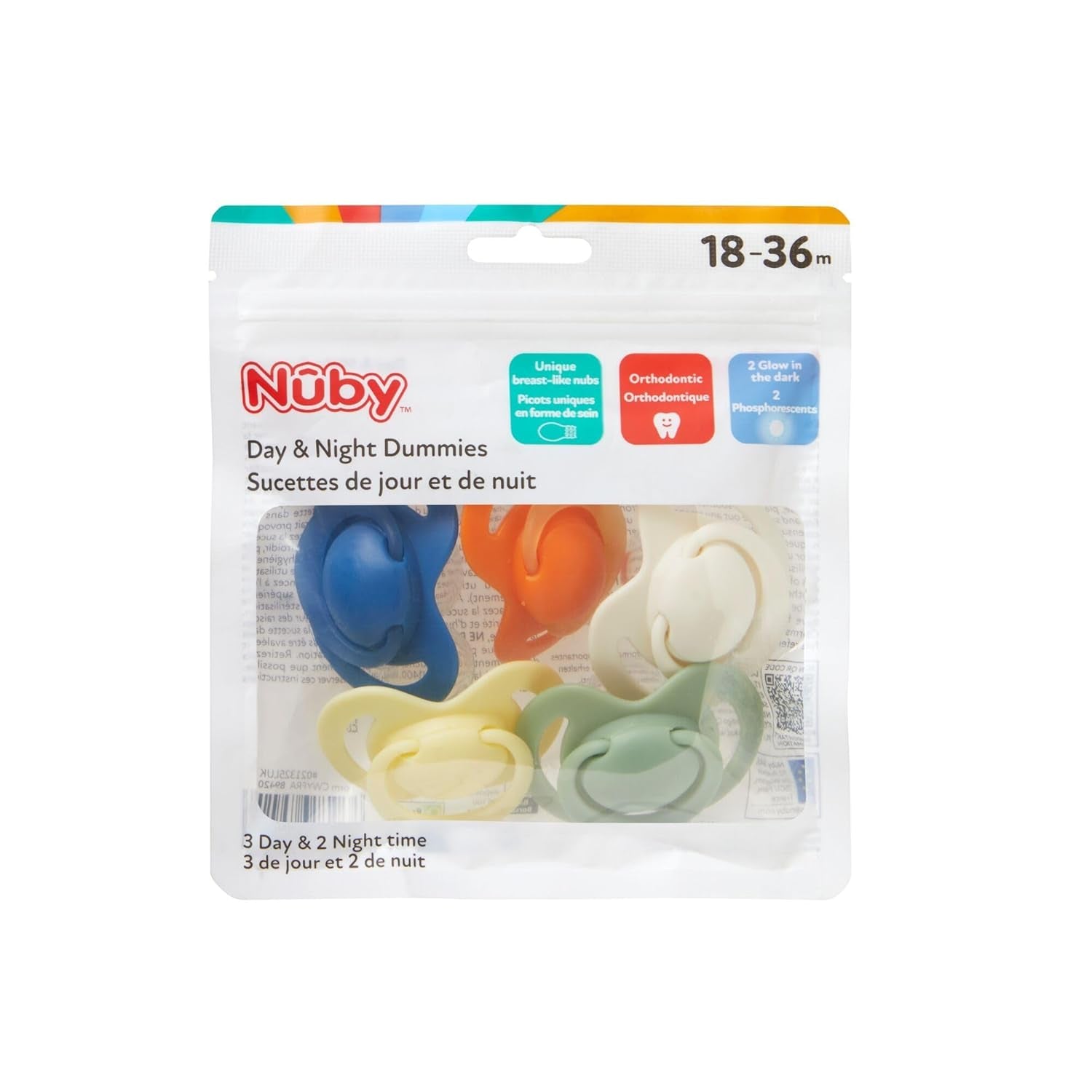 Nuby – Set di 5 succhietti e ciucci ortodontici in morbido silicone | 3 modelli per giorno e notte | 2 modelli che si illuminano al buio | Senza BPA | Forma simile al seno | Per 18-36 mesi