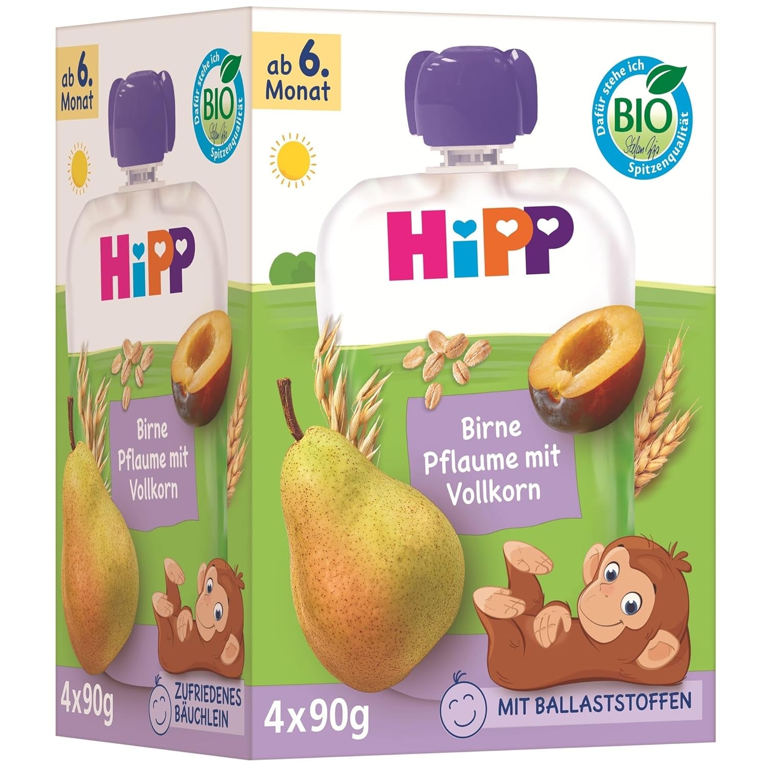 Bustine HiPP di pere e prugne biologiche, integrali, 16 pezzi (4 confezioni da 4 x 90 g ciascuna), per bambini dai 6 mesi, senza zuccheri aggiunti, vegano, migliore qualità biologica
