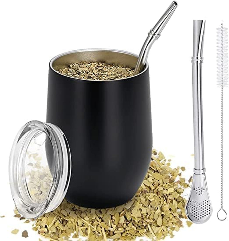 Tazza Modern Mate da 340 ml, Set di Tazze Yerba Mate in Acciaio Inossidabile a Doppia Parete coibentato, Tazza da tè Mate con Coperchio Senza BPA, Bombillas e una Spazzola per la Pulizia (Argento)