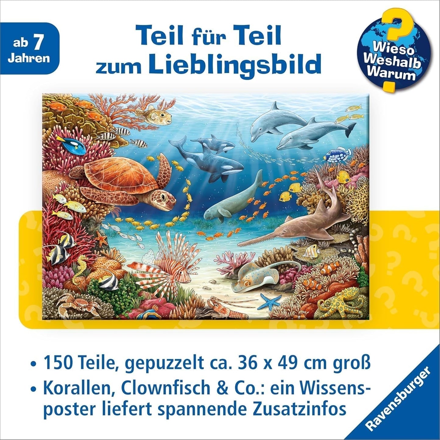 Puzzle per bambini Ravensburger 13411 - Creature marine sulla barriera corallina - Perché? Perché? Perché? Puzzle 150 pezzi XXL + poster della conoscenza, per bambini dai 7 anni Puzzle Naty Shop