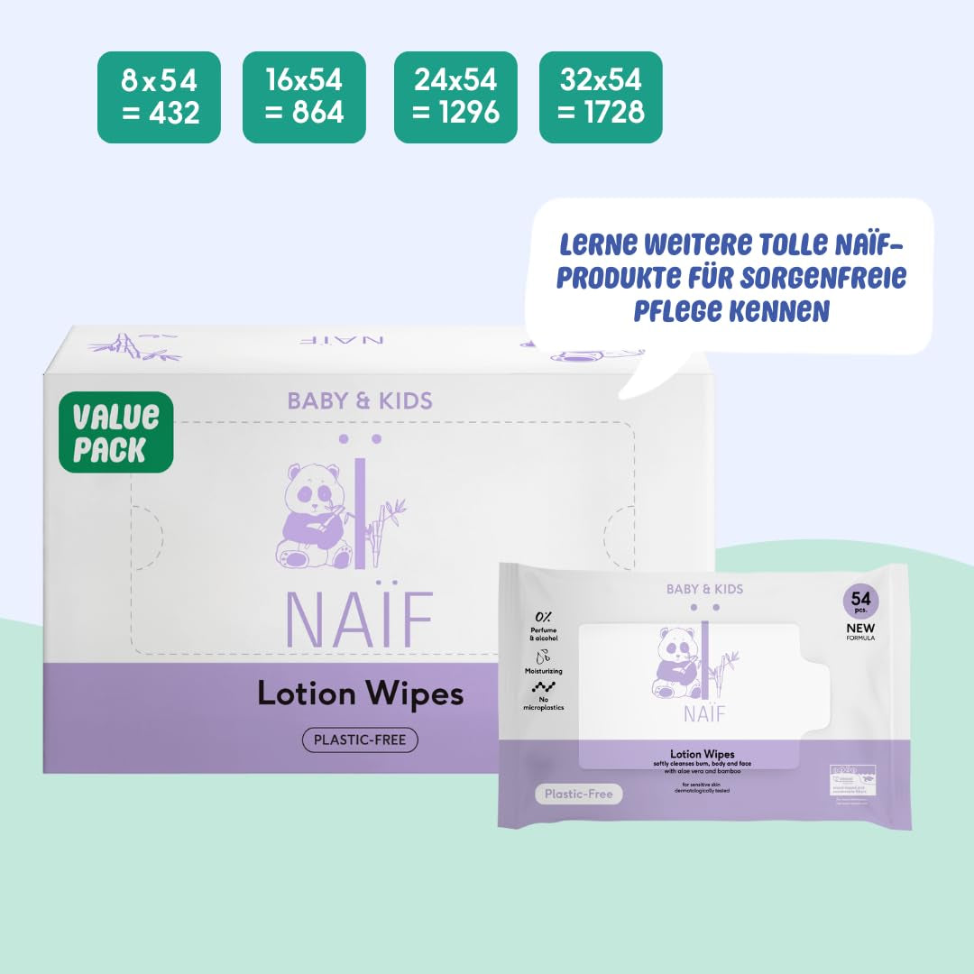 Naïf - Salviette umidificate con lozione senza plastica - 1296 pezzi (24 confezioni da 54 salviette) - per neonati e bambini - Culetto, corpo e viso del neonato - con Aloe Vera e Bambù - 0% Fragranza e Alcol
