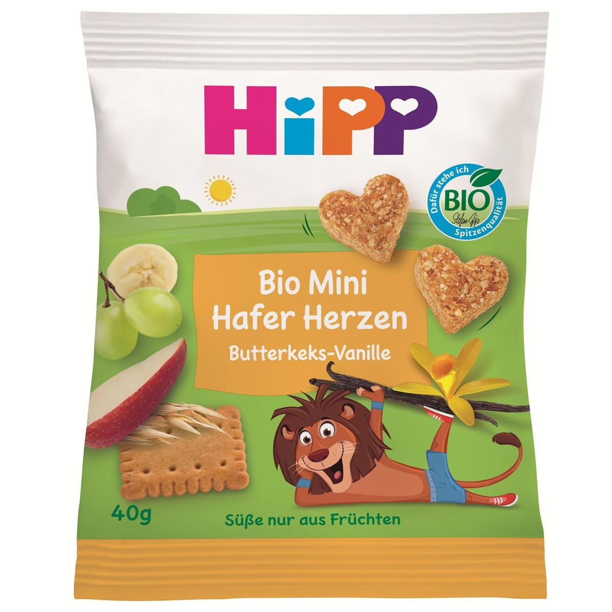 Mini Biscotti HiPP Avena Cuore Vaniglia (12 x 40g), da 1 anno, barretta biologica a forma di cuore, ricca di cereali e fibre, dolcificata solo con frutta, della migliore qualità biologica