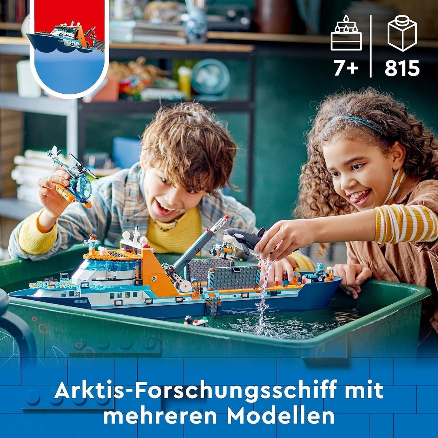 LEGO City Nave da ricerca artica, grande barca giocattolo galleggiante con elicottero, gommone, sottomarino Rov, relitto vichingo, 7 minifigure e figura dell'orca, regalo per bambini dai 7 anni in su 60368 Set da costruzione Besuche den LEGO-Store