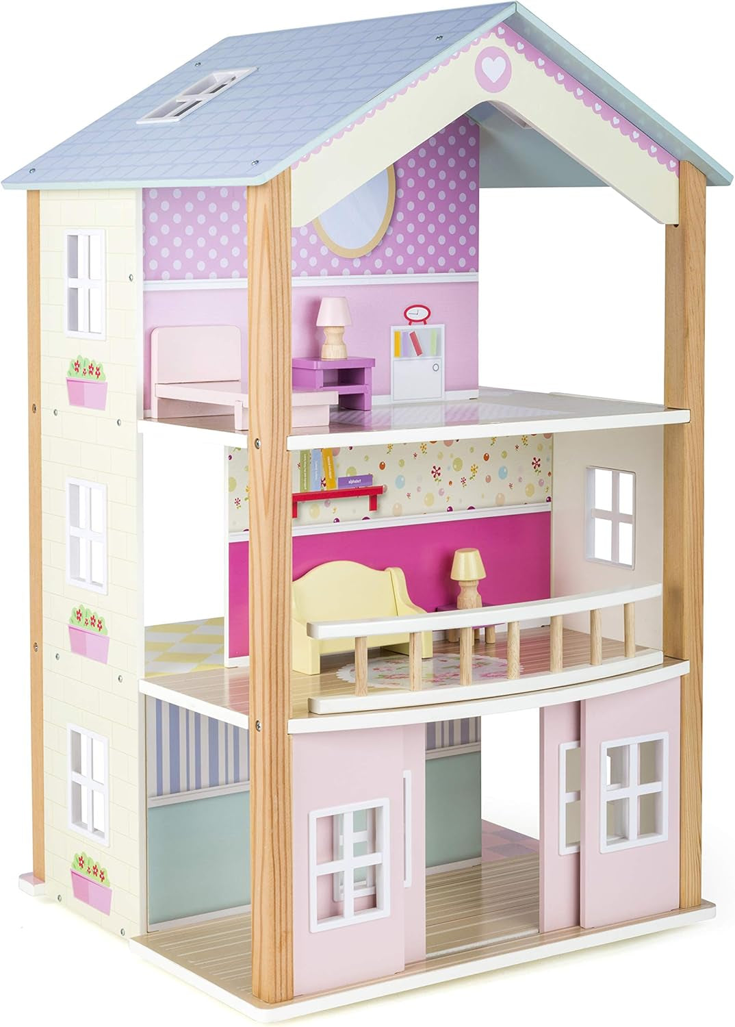 Small Foot 11192 Casa delle bambole girevole in legno a 3 livelli con mobili giocattolo, multicolore, 37 x 40 x 67 cm Naty Shop Case delle bambole