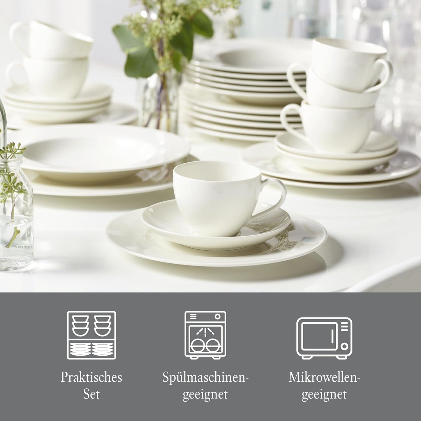 vivo - Villeroy & Boch Group - Servizio da tavola Basic White da 30 pezzi, lavabile in lavastoviglie e adatto al microonde, Servizio da tavola bianco, Servizio da caffè, Ceramica, Piatti, Tazze, Porcellana Premium