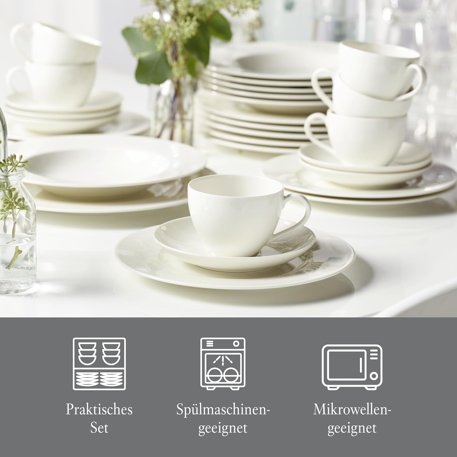 vivo - Villeroy & Boch Group - Servizio da tavola Basic White da 30 pezzi, lavabile in lavastoviglie e adatto al microonde, Servizio da tavola bianco, Servizio da caffè, Ceramica, Piatti, Tazze, Porcellana Premium