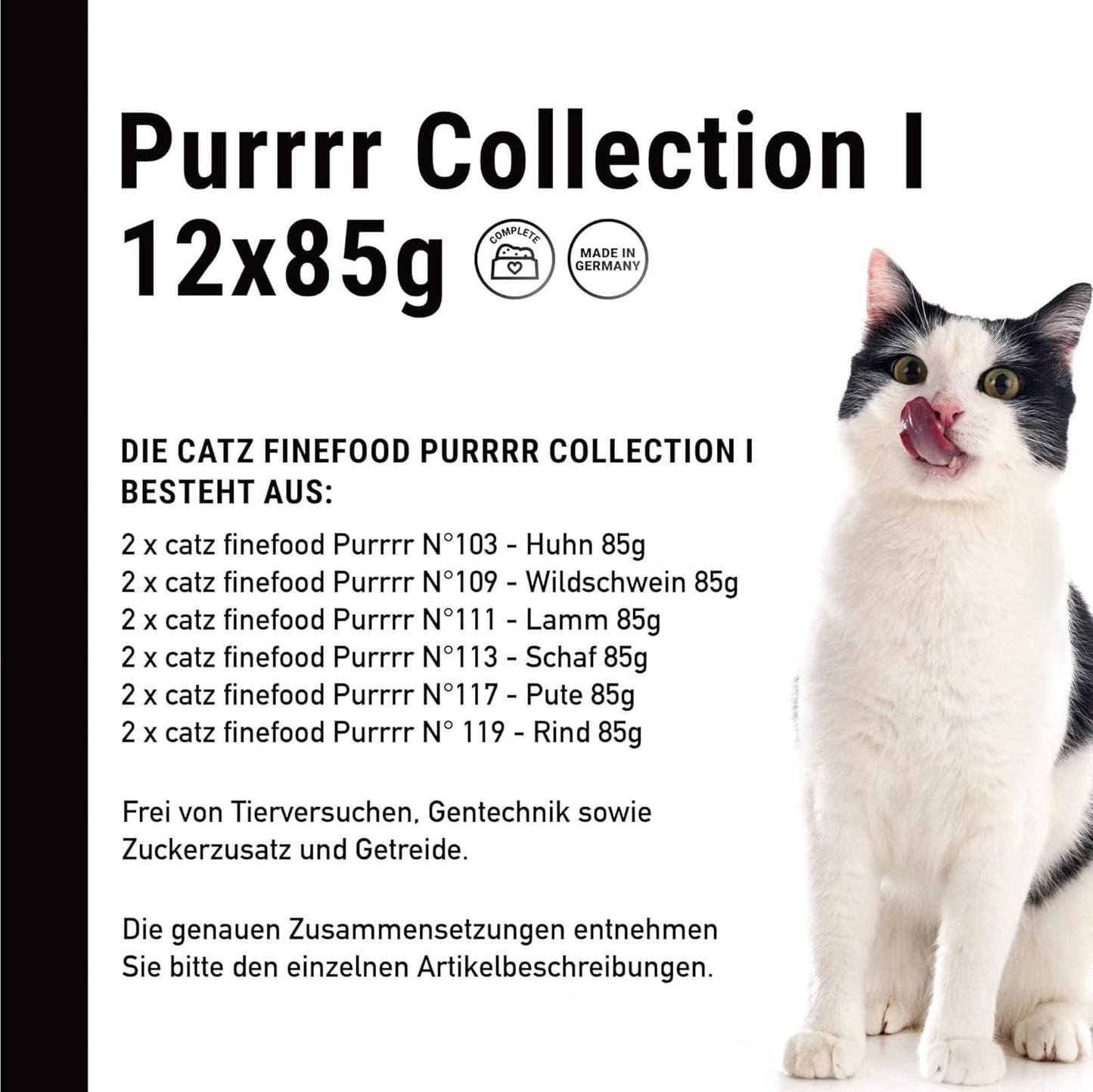 Catz Finefood Purrrr Collection I - Cibo umido per gatti monoproteico - Senza cereali, senza zucchero, ipoallergenico - Alto contenuto di carne - Confezione multipla di cibo umido per gatti - In bustine, 85 g (12 confezioni)