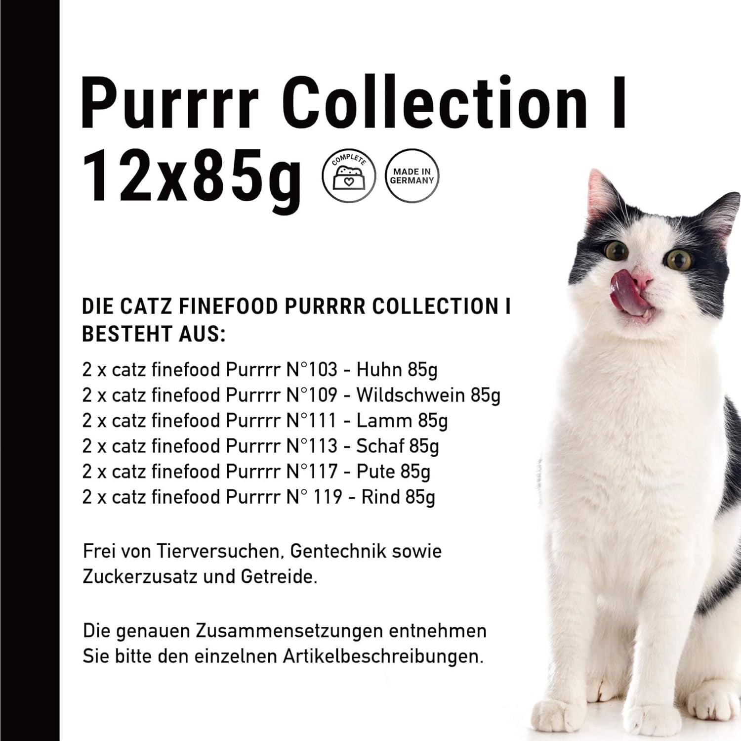 Catz Finefood Purrrr Collection I - Cibo umido per gatti monoproteico - Senza cereali, senza zucchero, ipoallergenico - Alto contenuto di carne - Confezione multipla di cibo umido per gatti - In bustine, 85 g (12 confezioni)