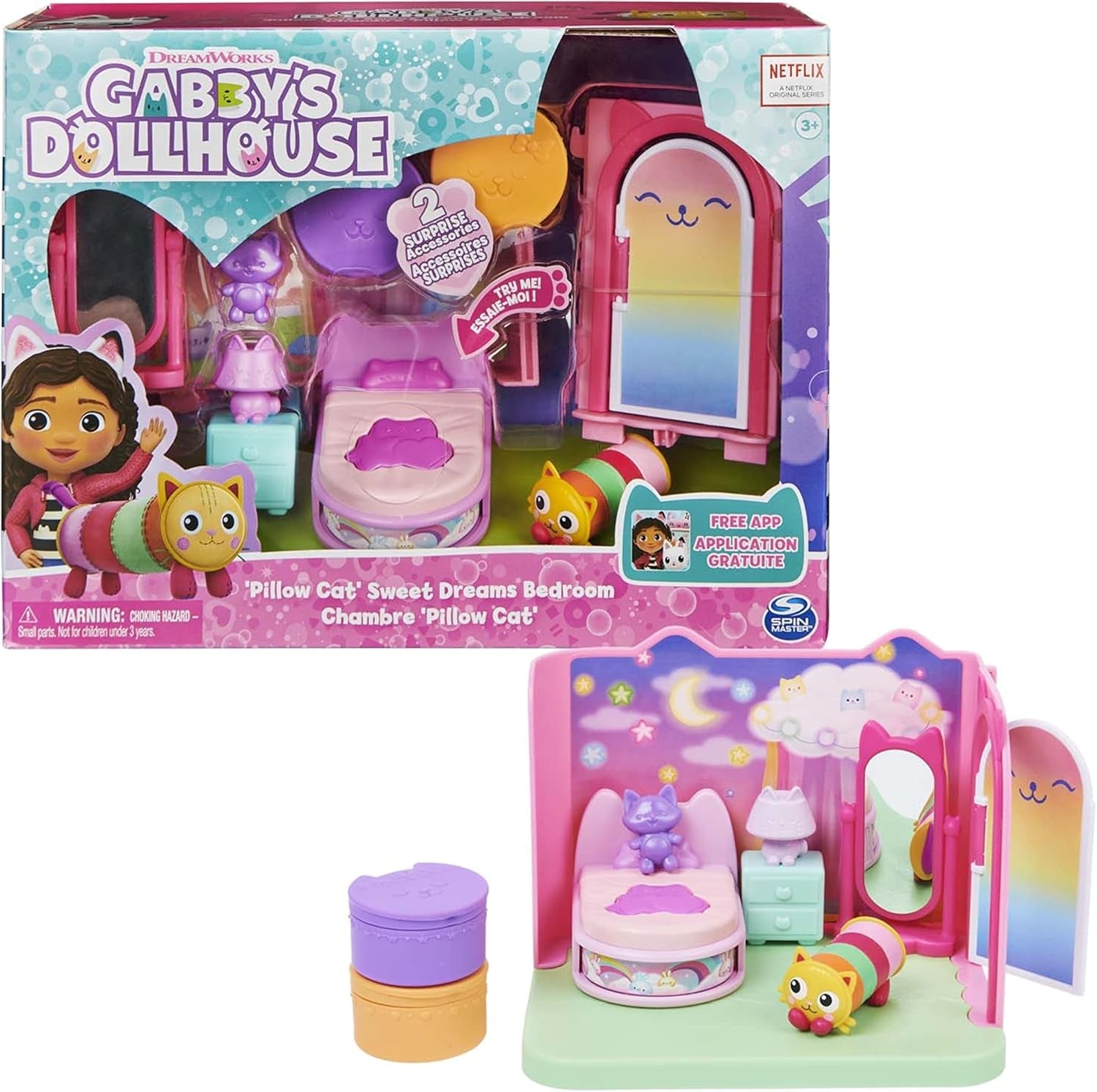 Casa delle bambole Gabby e Casa delle bambole Gabby Camera Deluxe Sogni d'oro Morbido cuscino per la cameretta del gatto Gatto e 3 accessori 3 mobili e 2 scatole a sorpresa Adatto dai 3 anni in su