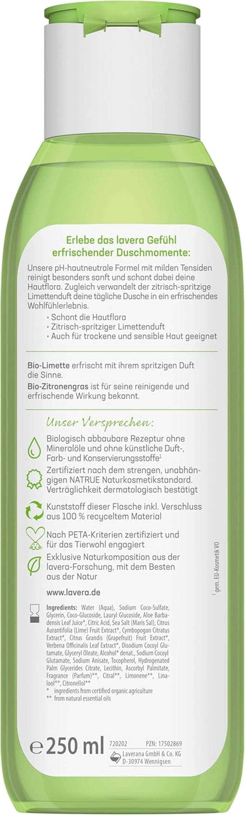 Lavera, Gel doccia rinfrescante con lime biologico, 250 ml Doccia e bagno Naty Shop