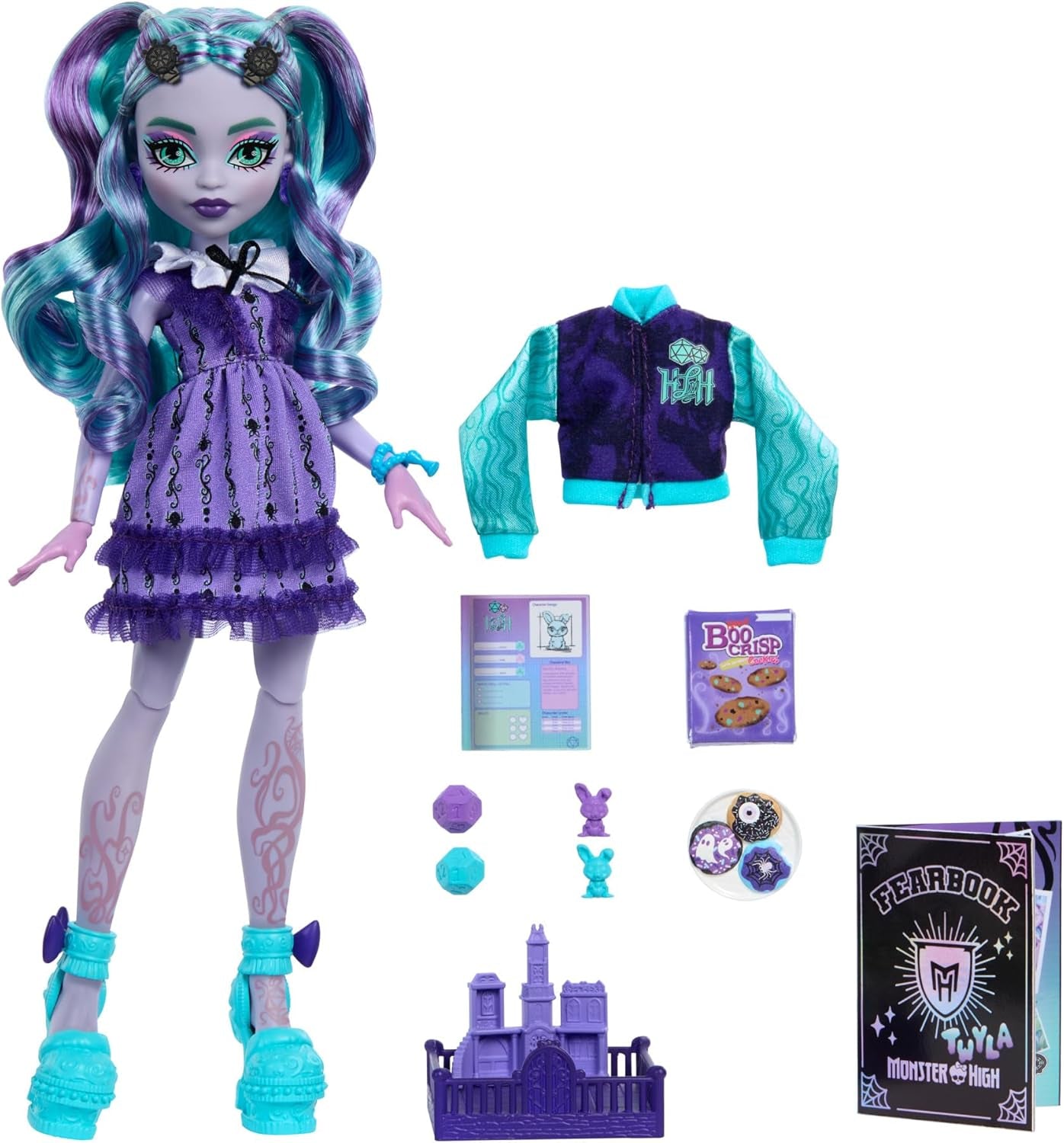 Monster High Fearbook Twyla Set di accessori a tema bambola e film club, giacca universitaria, album di laurea, gioco da tavolo e biscotti, HXW31
