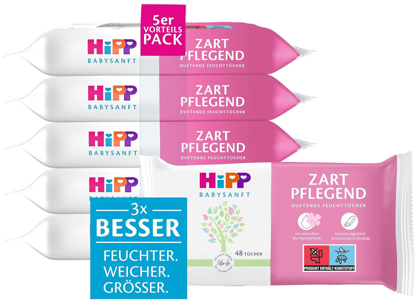 Salviettine umidificate per neonati HiPP Babysanft Delicates 720 pezzi (3 x 240) con estratto di mandorle biologiche, extra delicate sulla pelle per la pulizia delicata della pelle sensibile dei bambini