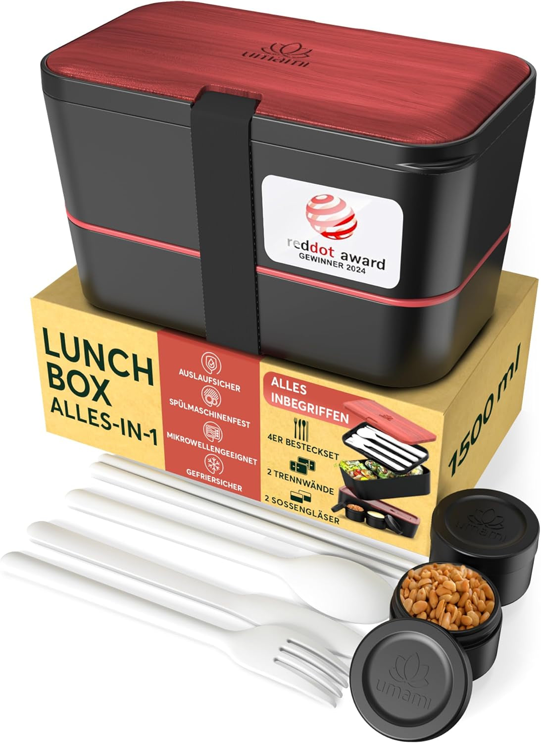 Umami Lunch Box per Adulti, Bento Box impilabile a tenuta stagna con 4 posate e scomparti, Lunch Box per adulti, Contenitore per insalata da asporto, Lunch box per picnic/scrivania, Grigio antracite, 1500 ml Naty Shop Scatole per alimenti in palissandro nero L - 1500 ml Impilabili l'uno dentro l'altro