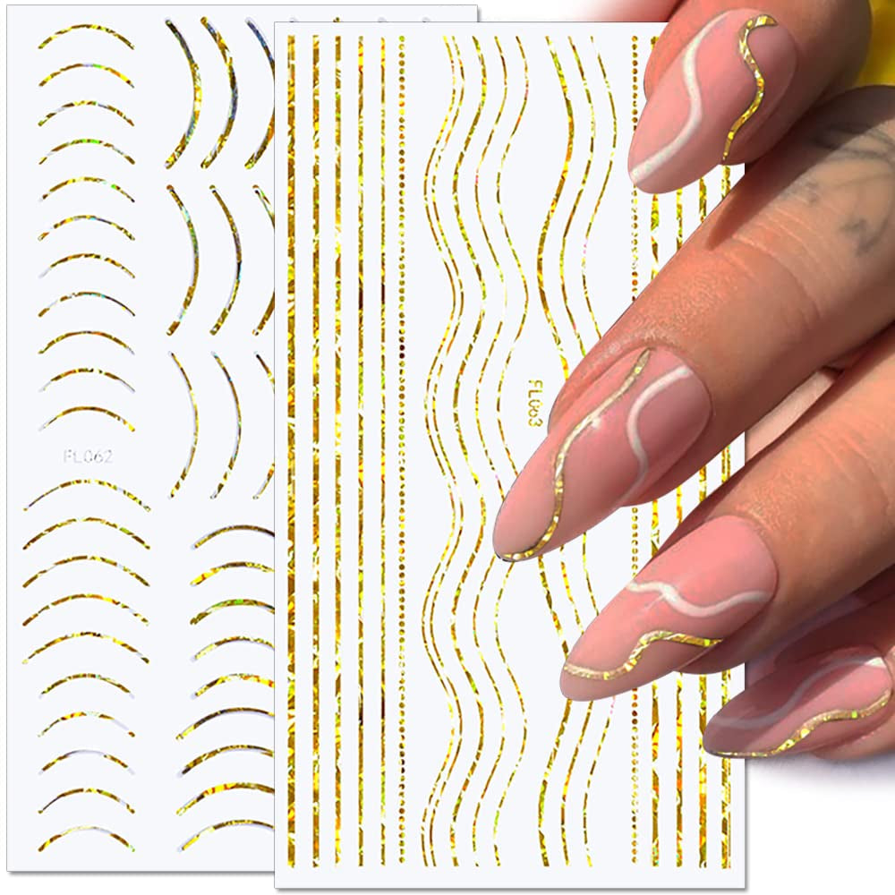 12 fogli Linee glitterate laser Adesivi per unghie autoadesivi Adesivi olografici Strisce di bronzo Adesivi per unghie Linea francese Fiocchi curvi Linee ondulate Adesivi per unghie Accessori per nail art