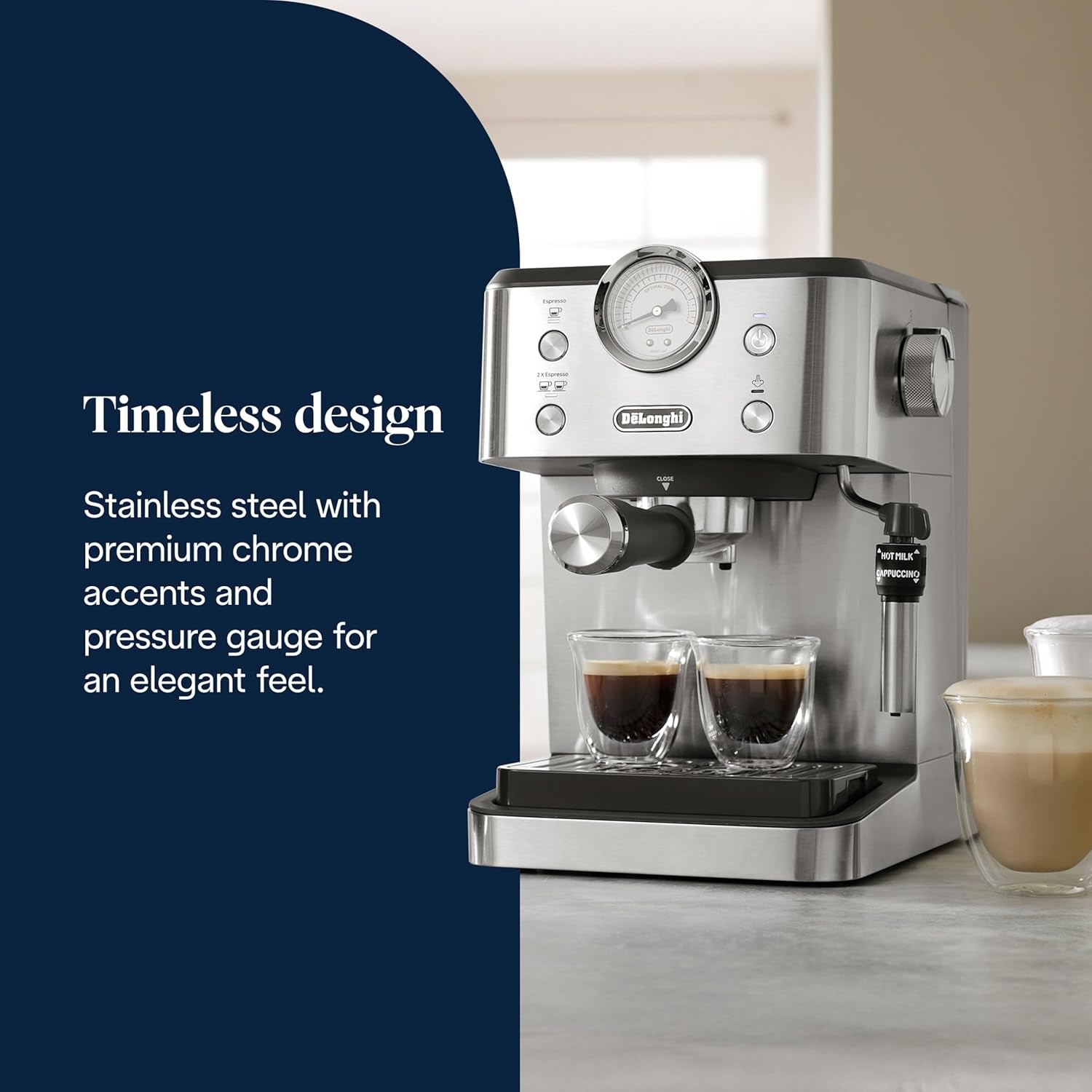 Macchina per caffè espresso portafiltro De'Longhi Classic EM450.M con montalatte professionale, corpo interamente in metallo, 15 bar, serbatoio dell'acqua da 1,7 l, acciaio inossidabile/metallo