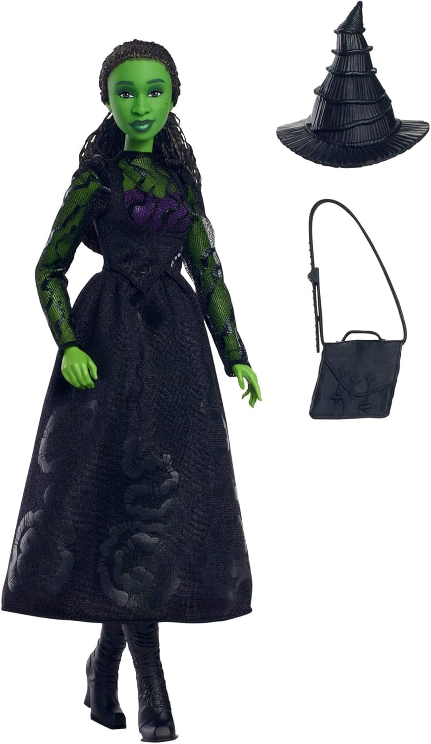 Mattel Wicked Elphaba Fashion Doll e accessori con pelle verde, capelli intrecciati neri, varie pose possibili e abito da ballo staccabile, HXT62, [Multicolore]