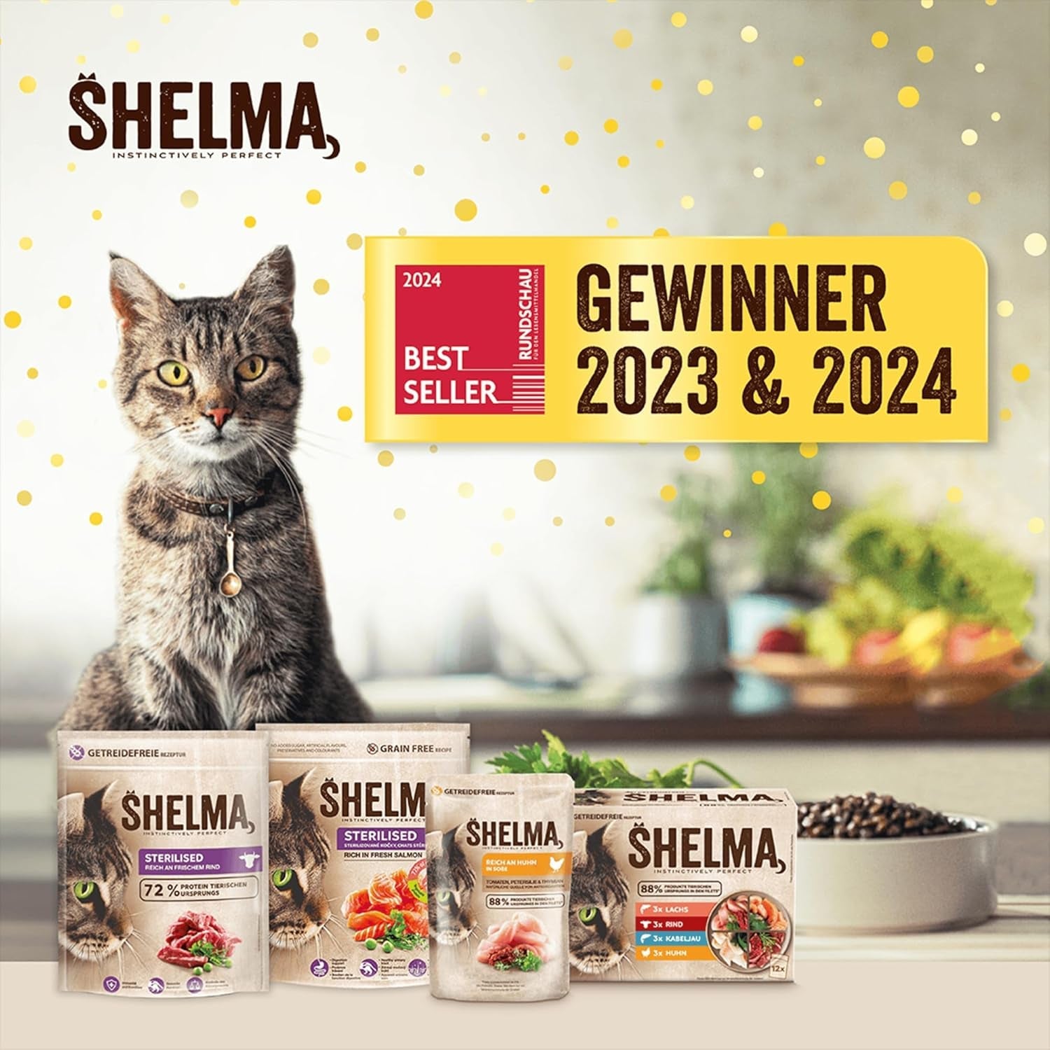 Shelma Cibo umido per gatti Megapack con manzo, tacchino, pollo e anatra - Alimento completo senza cereali ad alto contenuto di carne - 40 x 85 g (3,4 kg)