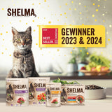 Shelma Cibo umido per gatti con tacchino in salsa di pomodoro ed erbe aromatiche - Alimento completo senza cereali con alto contenuto di carne - 28 x 85 g (2,38 kg)