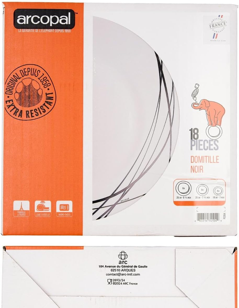 Set di stoviglie in vetro opale extra resistente per 6 persone, senza BPA, 18 pezzi