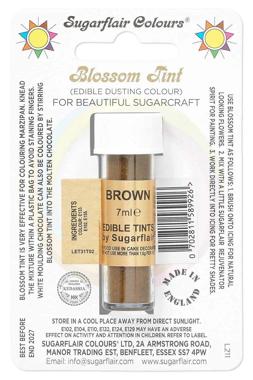 Colorante alimentare in polvere Sugarflair Blossom Tint Dusting brown - Colorante alimentare in polvere per decorare pasta di zucchero colorata, fondente, glassa, cioccolato, crema al burro, amaretti - 7 ml