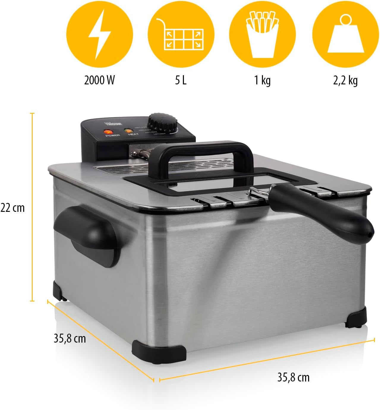 Friggitrice Tristar, 1 cestello grande e 2 cestelli piccoli, termostato regolabile, zona di raffreddamento, 5 litri, 2000 W, FR-6949 Elettrodomestici Naty Shop