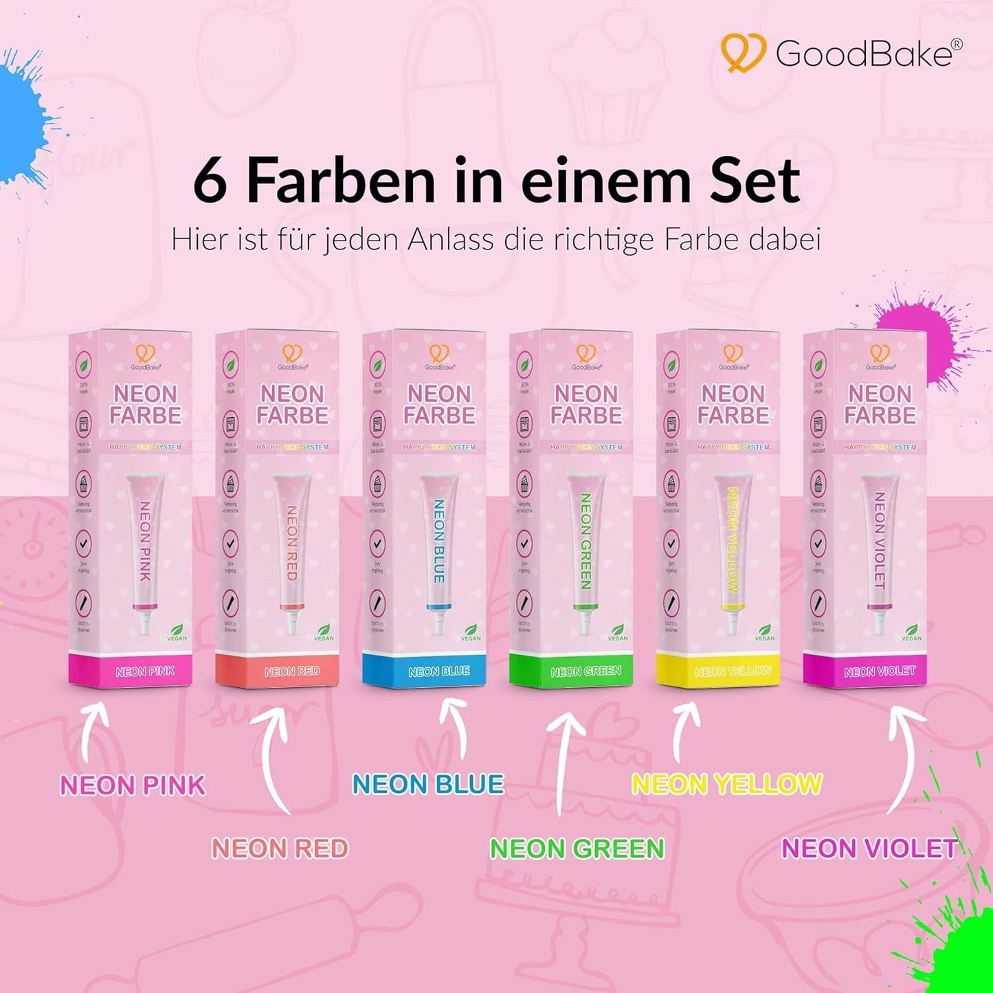 Goodbake Neonlebensmittelfarben 6 Farben Set – Intensive Lebensmittelfarbe – Lebensmittelfarbpaste – Zum Einfärben Von Torten, Fondant, Buttercreme Uvm. – Negozio Naty 100% vegano