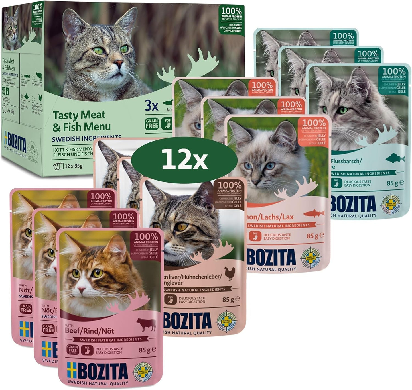 Bozita Cibo umido pezzi in gelatina con pesce e carne - 12 buste x 85g, cibo per gatti senza cereali e frumento - Cibo umido per gatti adulti con 8,5% di proteine ​​e 4,5% di grassi