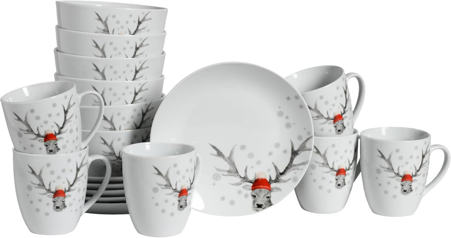 CreaTable, 21498, serie Luna Hirsch, set di stoviglie da 18 pezzi per 6 persone, set da colazione in porcellana, lavabile in lavastoviglie e adatto al microonde, produzione di qualità