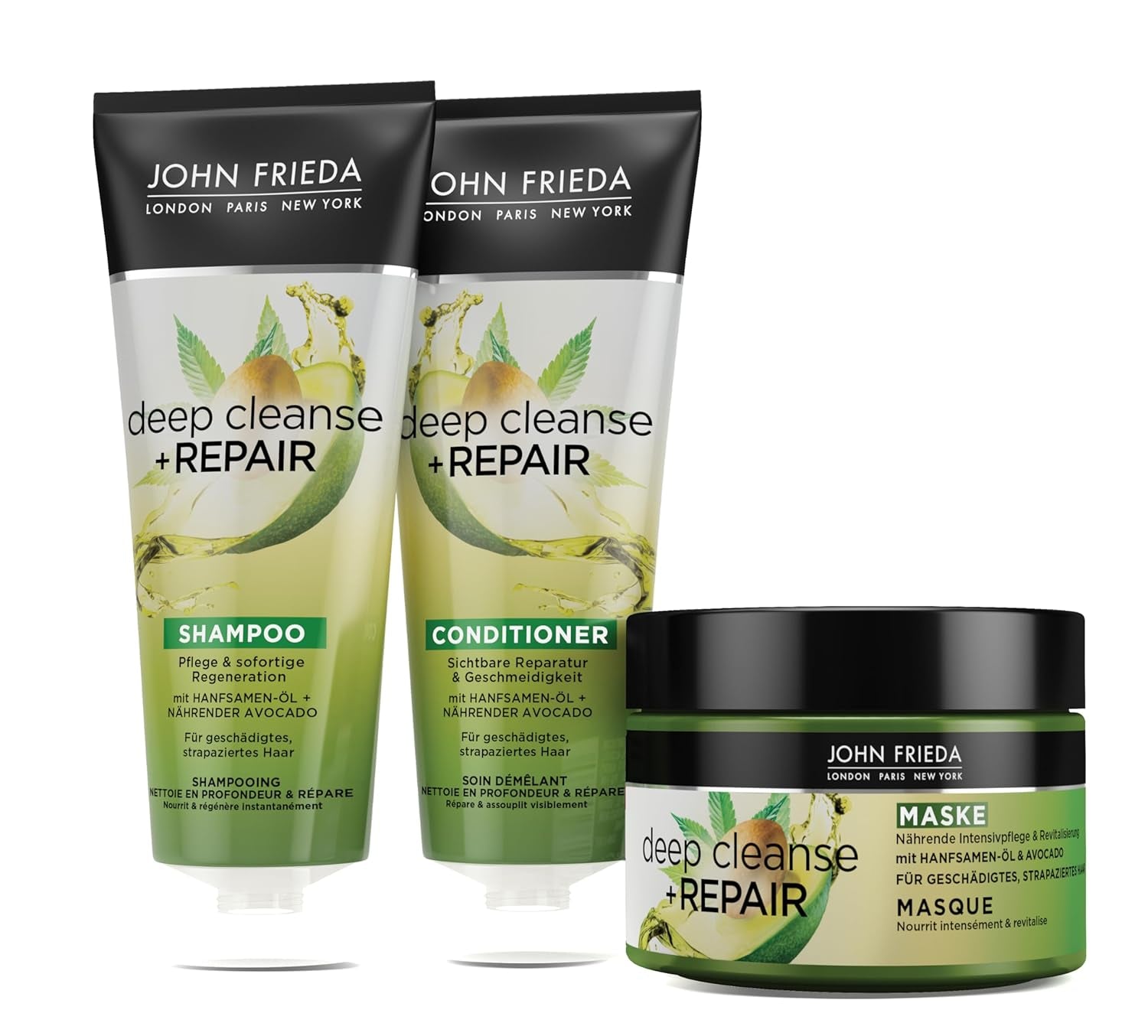 John Frieda - Maschera/Trattamento Deep Cleanse & Repair - Contenuto: 250 ml - Con olio di semi di canapa + avocado nutriente - Maschera lenitiva per capelli danneggiati Maschera per capelli Naty Shop