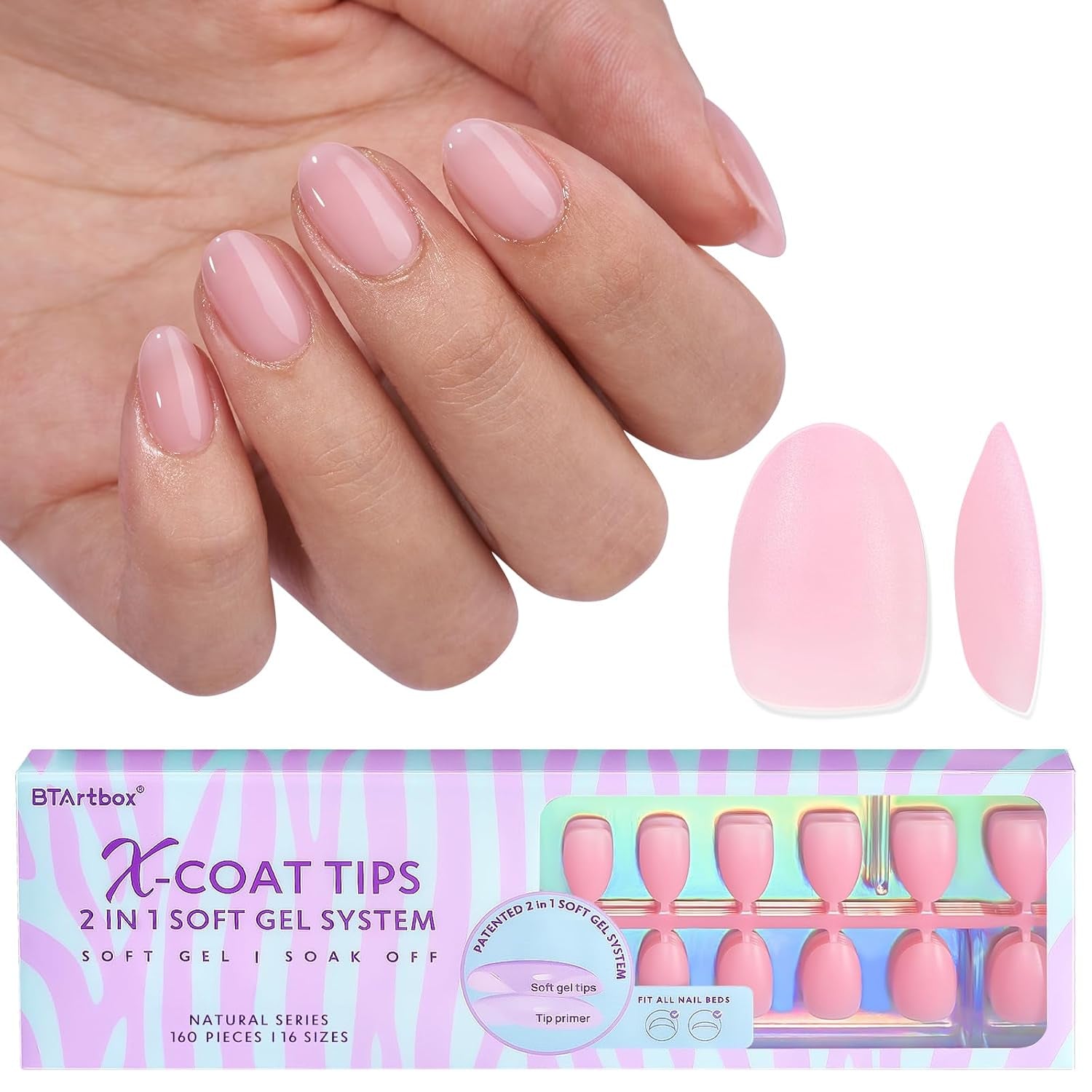 Btartbox Unghie in gel morbide extra corte Mandorla a copertura totale Punte per unghie corte 160 pezzi XCOATTIPS Unghie artificiali pre-progettate Punte per unghie corte a mandorla per estensioni delle unghie