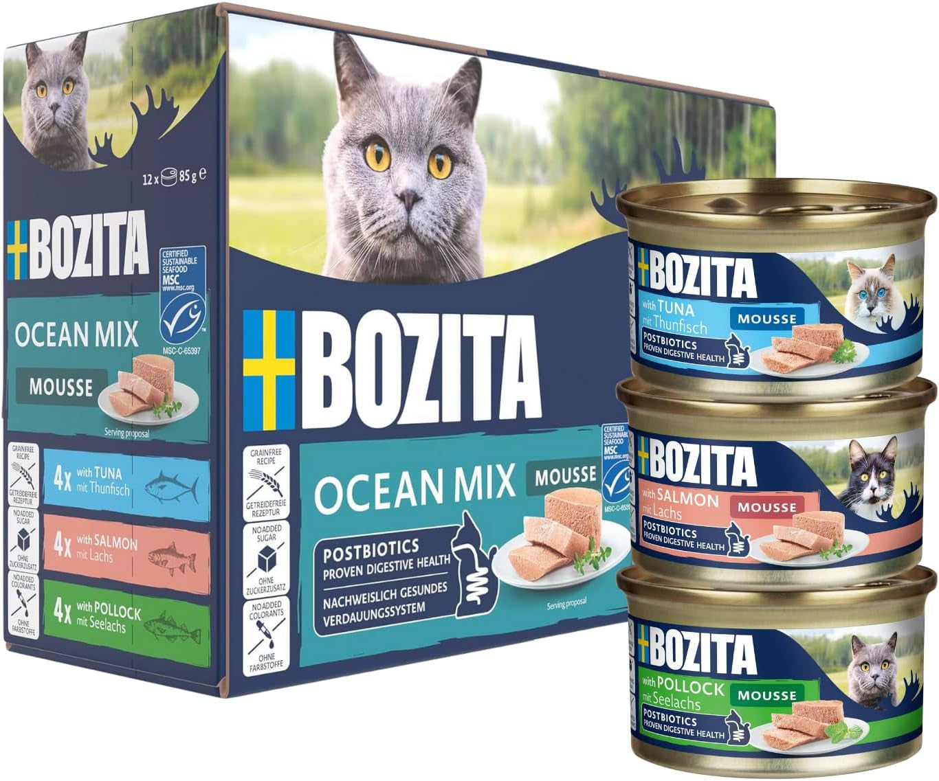 Bozita Mousse Ocean Mix - 12 x 85g cibo umido per gatti con tonno, salmone o merluzzo giallo - senza cereali, senza zucchero e coloranti artificiali - con postbiotici per una flora intestinale sana