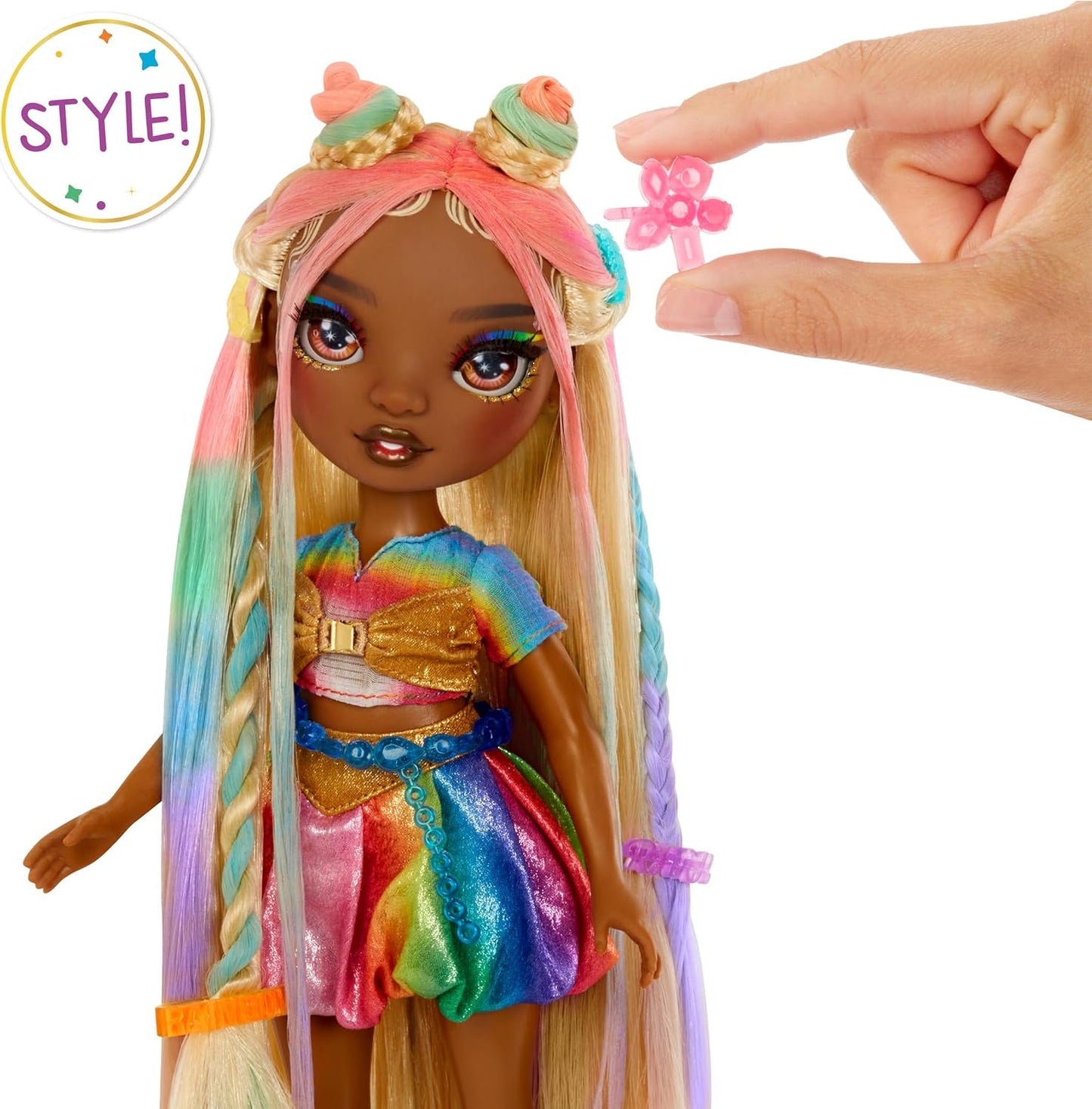 Bambola con gesso e styling per capelli alti arcobaleno - Meline - Bambola con gesso per capelli lavabile arcobaleno e oro da 28 cm, colora, acconcia, gioca, risciacqua e ripeti, per bambini dai 4 ai 12 anni