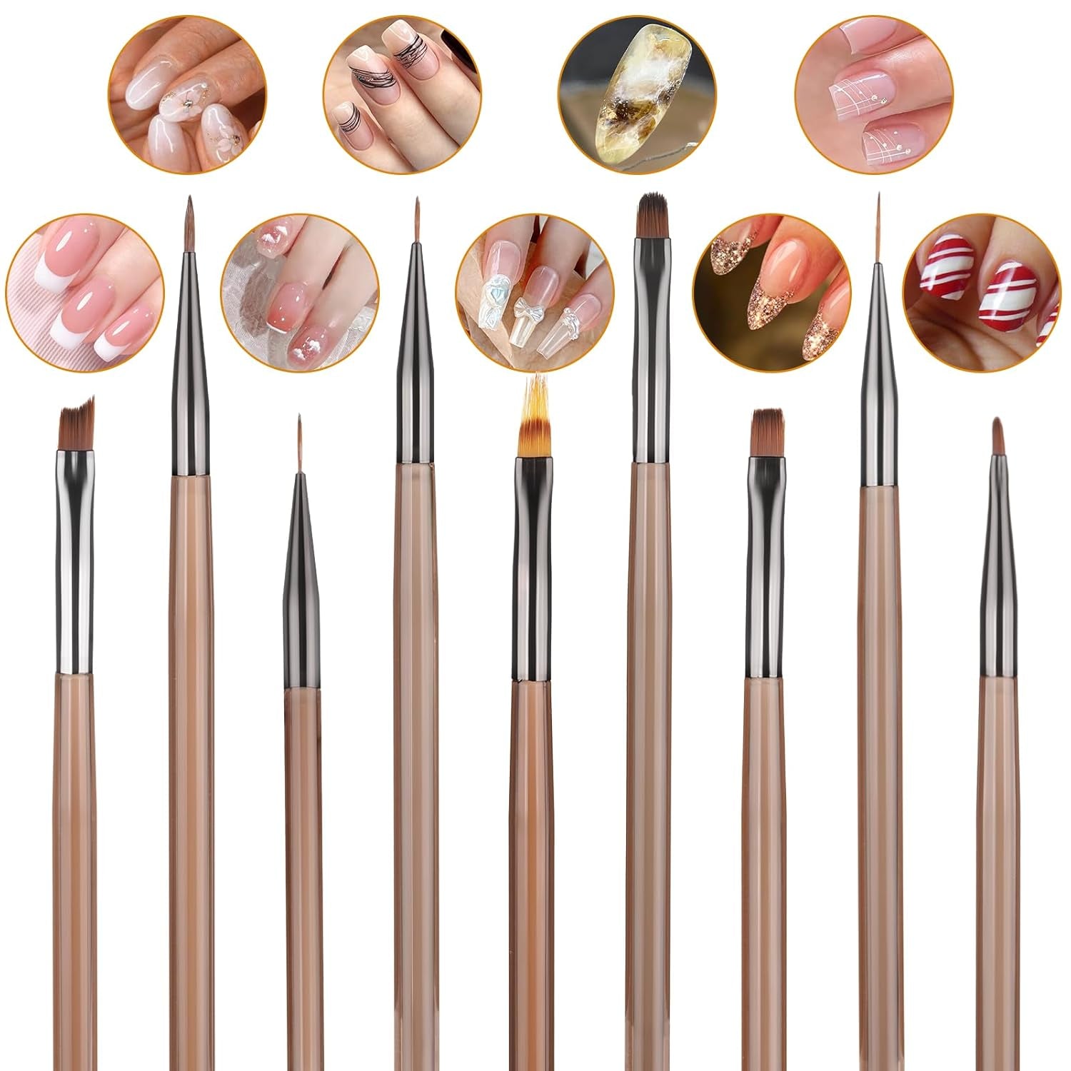 Set di 10 pinsel per nail art, pennelli per nail art Braun Pinsel per design per unghie Nageldesign Pinselfür Gelnägelfür Heimwerker Maniküre Salon Zuhause Nailpinsel Set