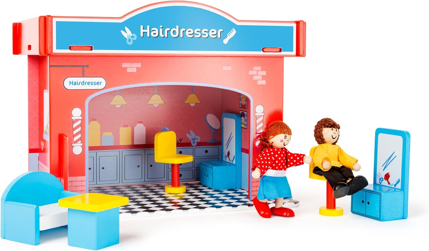 Small Foot 10852 Casetta dei giochi Ristorante In legno, Con 2 bambole, accessori e tetto rimovibile, A partire da 3 anni Case delle bambole Naty Shop Parrucchiere