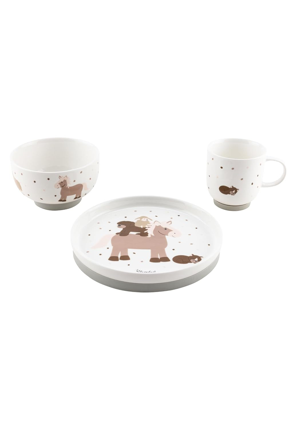 Set di stoviglie in porcellana Sterntaler dal design rustico - Set di stoviglie con base in silicone antiscivolo e rimovibile - Stoviglie per neonati e bambini con piatto, ciotola da 400 ml e tazza da 200 ml, bianco