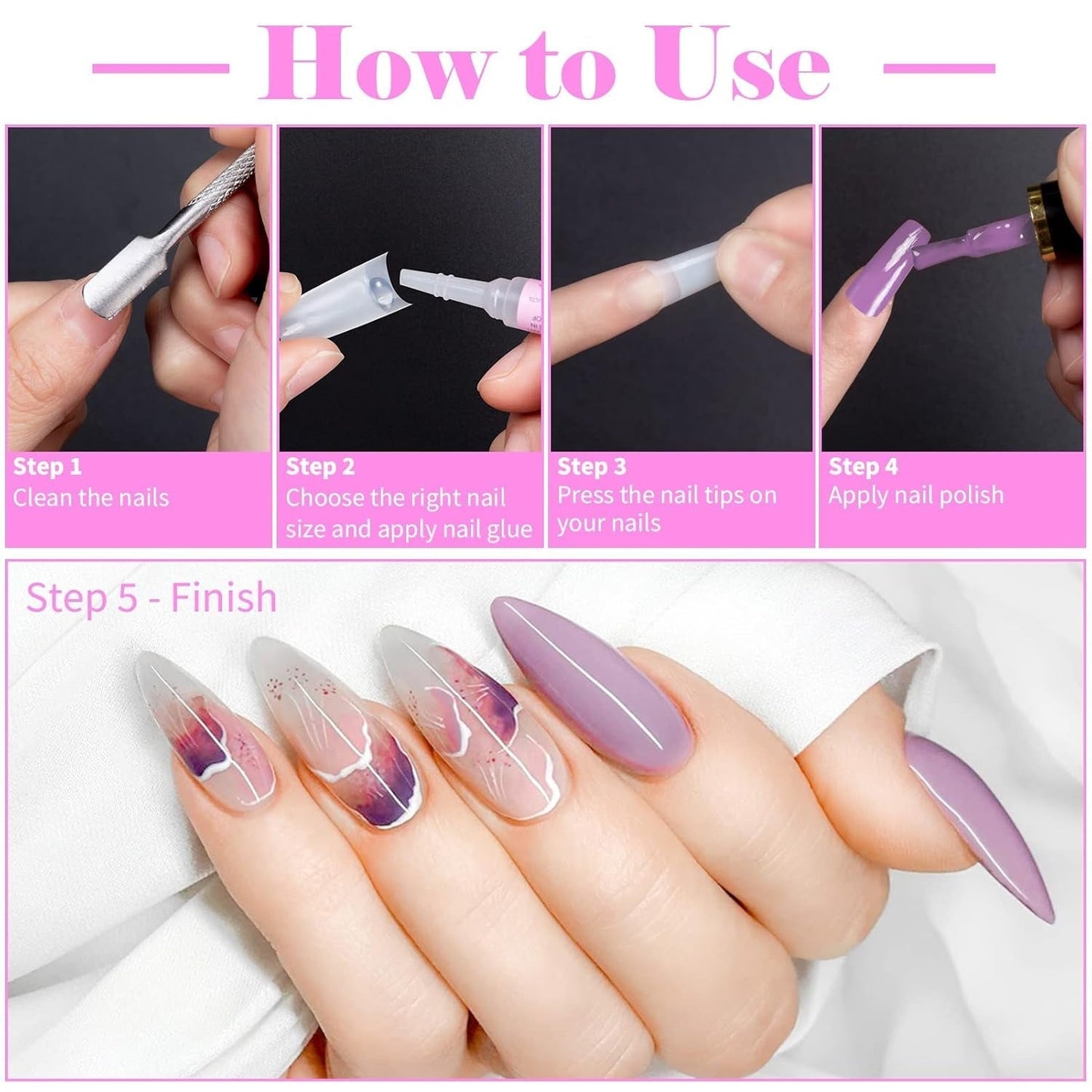 500 punte per unghie artificiali francesi Punte per unghie finte acriliche Set Estensioni per unghie Punte per unghie Accessori per unghie finte con 4 pezzi Colla per unghie in gel per unghie naturali