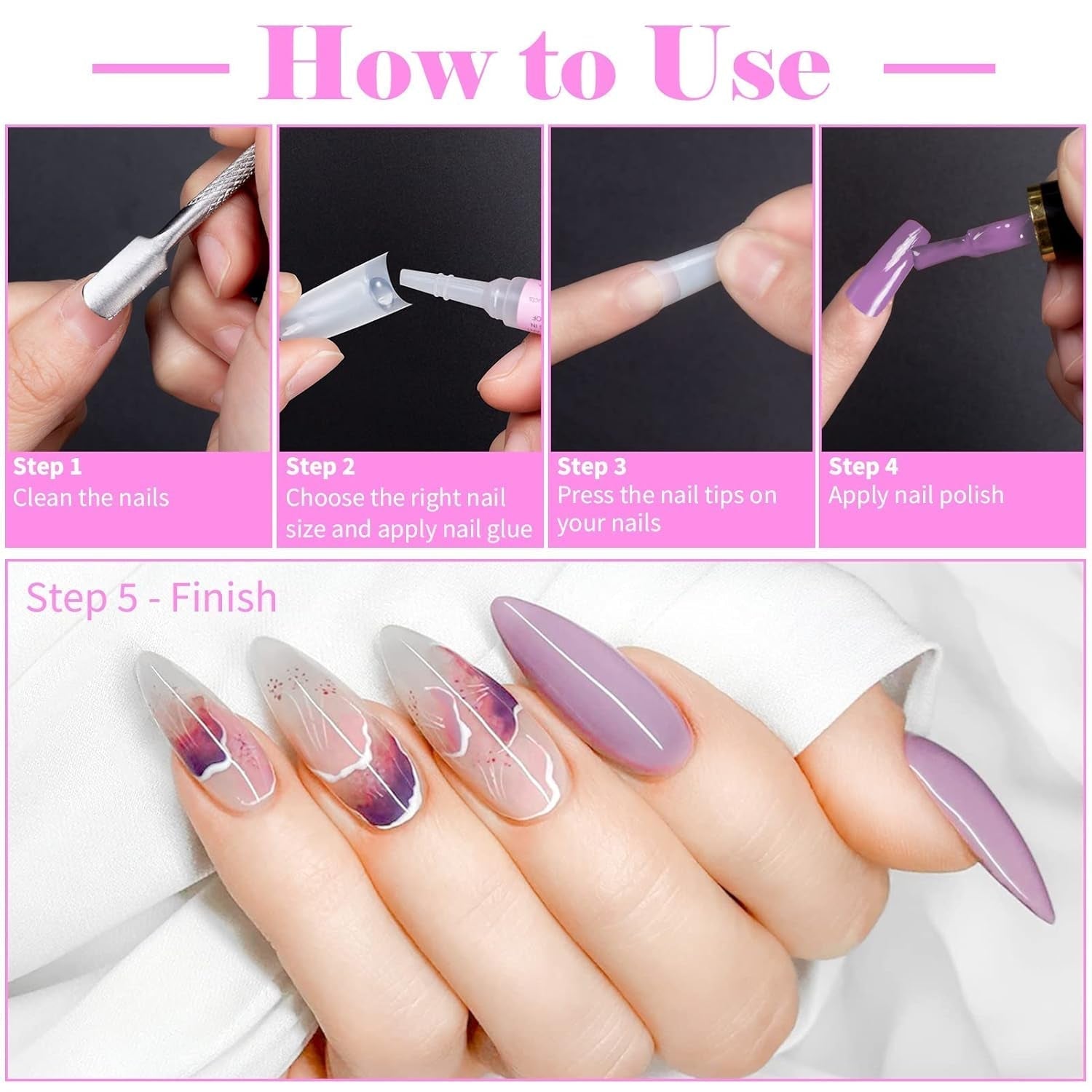 500 punte per unghie artificiali francesi Punte per unghie finte acriliche Set Estensioni per unghie Punte per unghie Accessori per unghie finte con 4 pezzi Colla per unghie in gel per unghie naturali