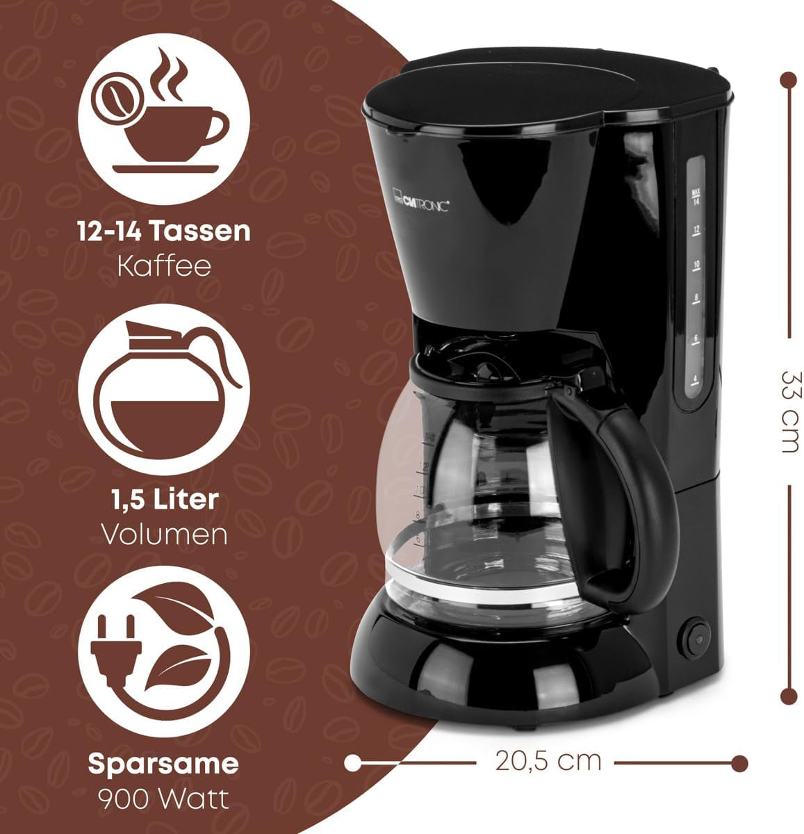 Macchina per caffè espresso Clatronic® | Macchina per caffè espresso automatica per 12-14 tazze (circa 1,5 litri) | Macchina per caffè espresso con filtro e sistema antigoccia | 900 W | Espressore KA 3473 Nero