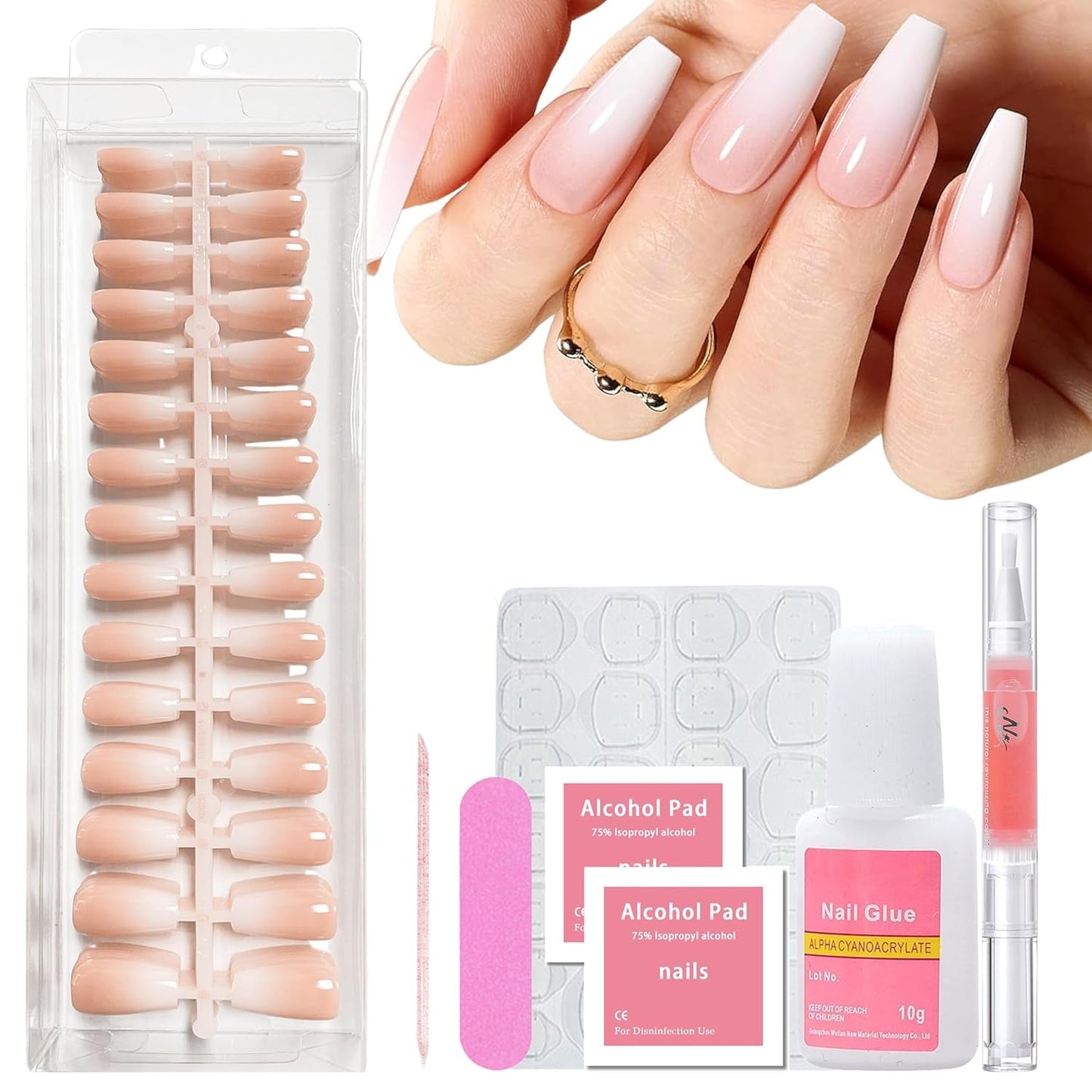 Set di 240 unghie quadrate sfumate, unghie artificiali sfumate bianche nude per colla con penna a olio, unghie finte naturali medie ombre per donne fai da te (Nude Square)