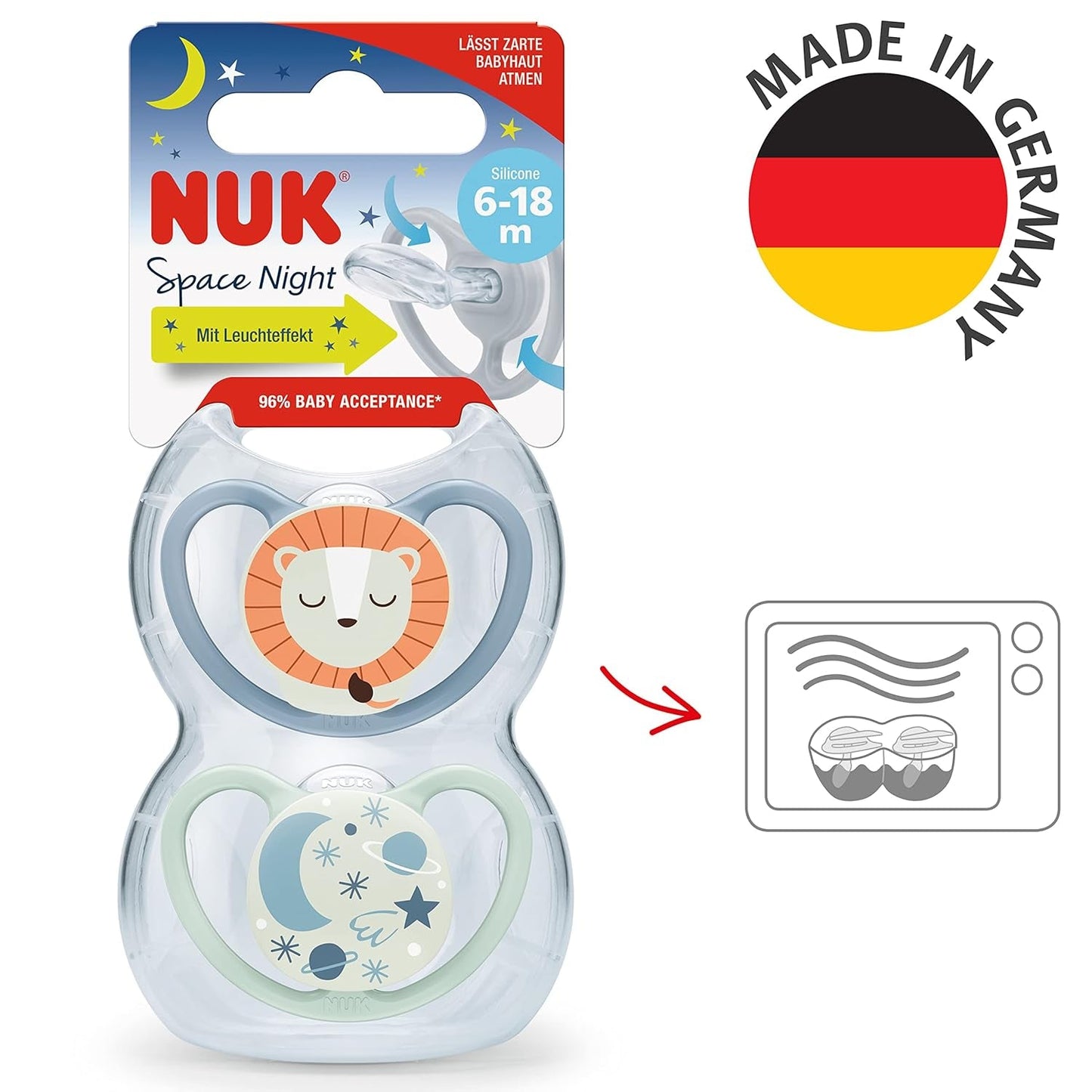 Ciucci NUK Space Night | 6-18 mesi | Ciucci con fessure di ventilazione extra grandi, si illuminano al buio | Silicone senza BPA | Volpe e Coccinella | Confezione da 2
