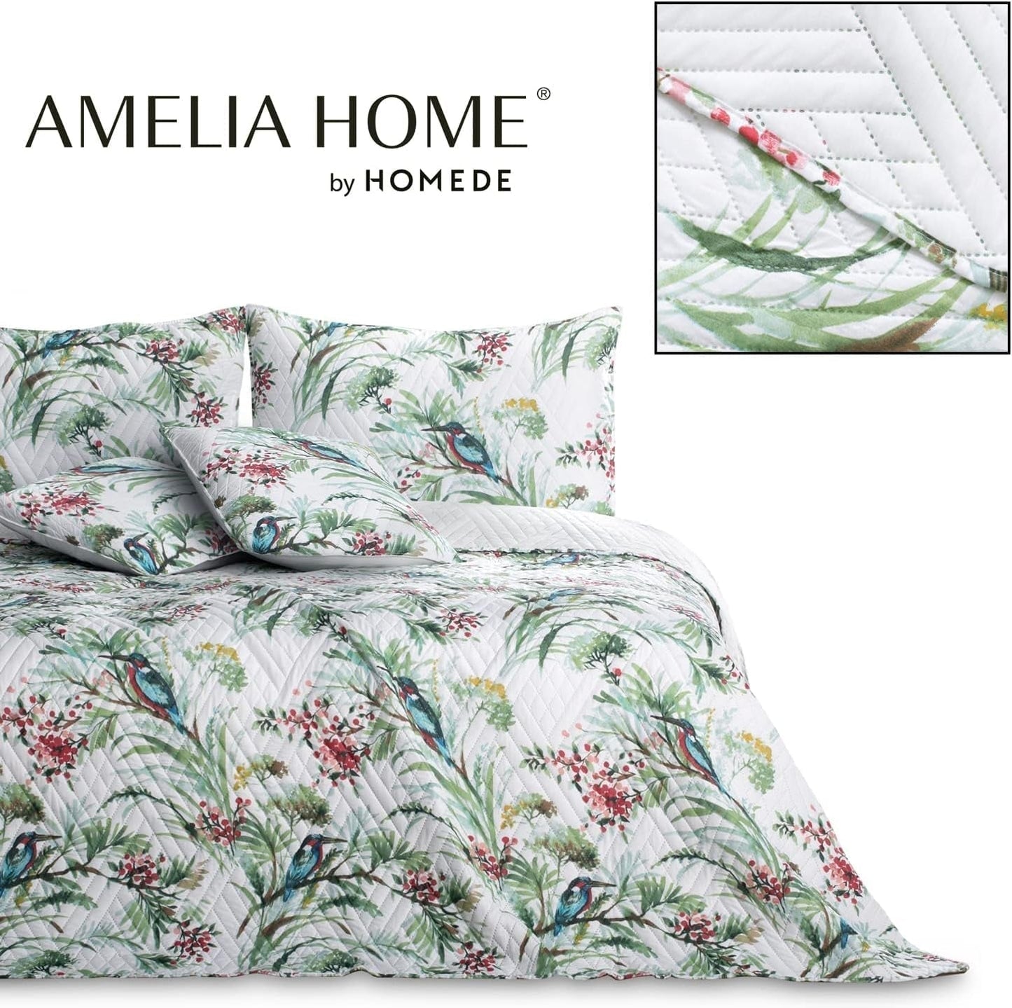 Ameliahome Copriletto Copriletto 260X280 cm Double Face Trapuntatura Facile da pulire Motivo vegetale Motivo uccello Martin pescatore multicolore Letti e coperte Besuche den AmeliaHome-Store