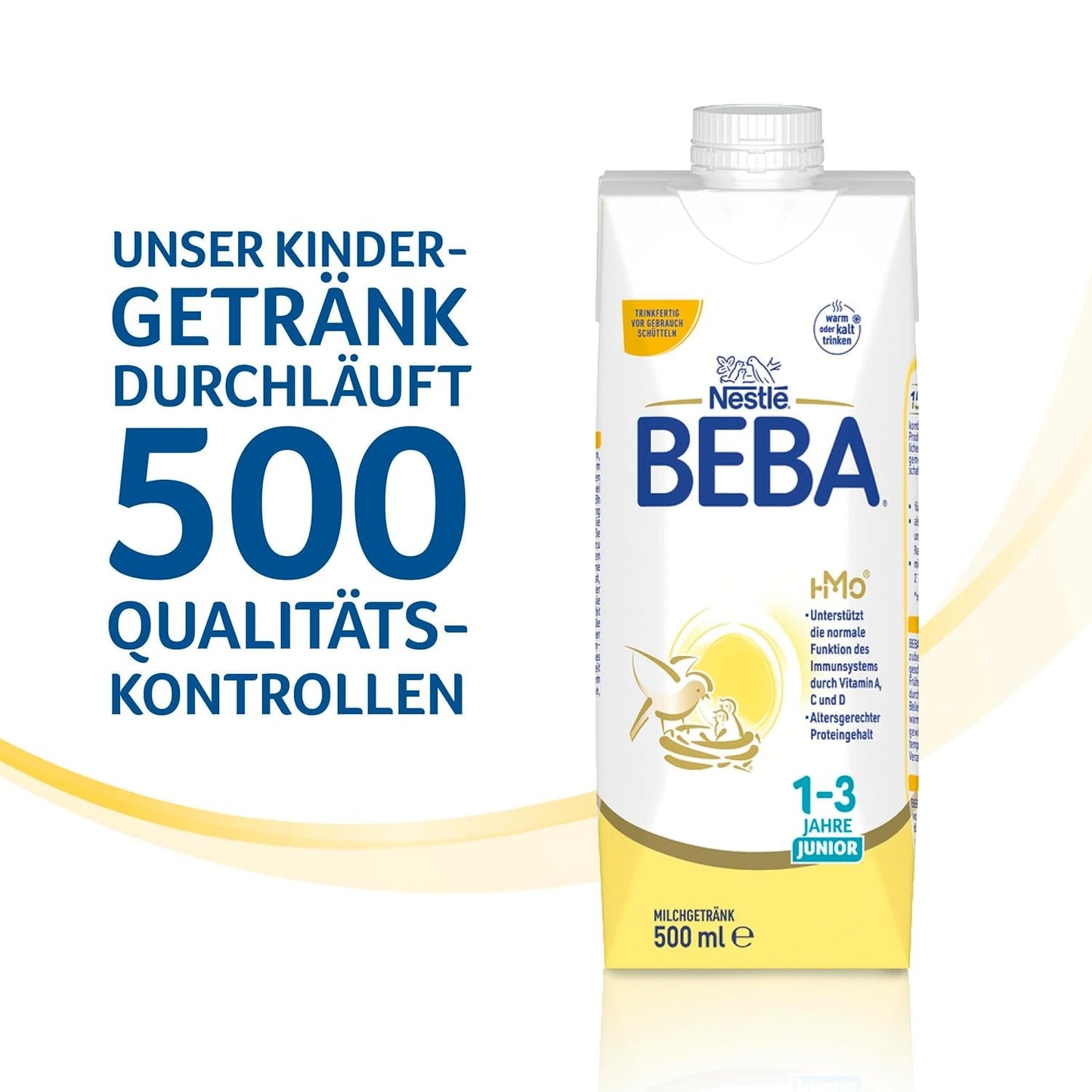 BEBA Junior, bevanda a base di latte pronta da bere per 1-3 anni, con HMO, contenuto proteico adeguato all'età, senza olio di palma, senza olio di pesce, alimenti per bambini, confezione da 12 (12 x 500 ml)