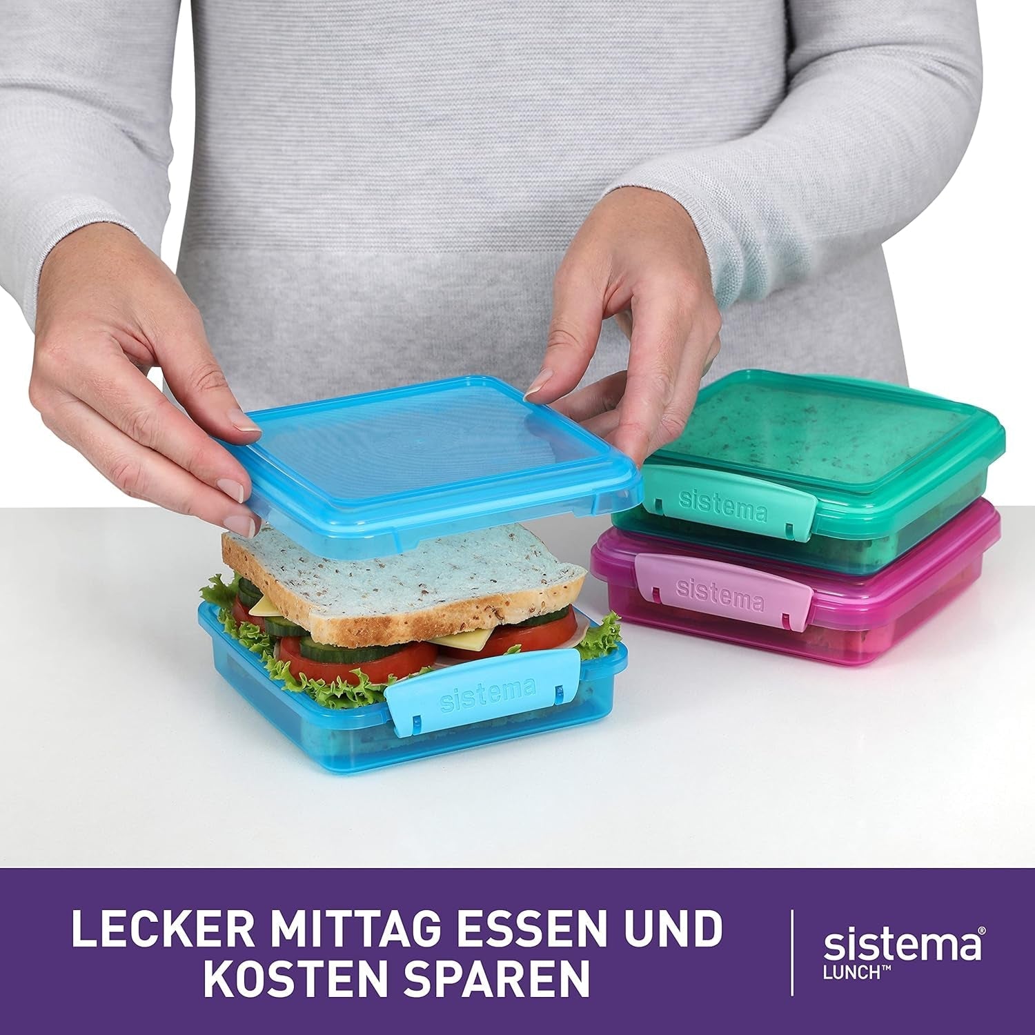 Sistema di contenitori per panini per il pranzo | 450ml| Lunch box impilabile ed ermetico con coperchio | per bambini e adulti | senza BPA | colori misti | 3 contenitori per alimenti Naty Shop